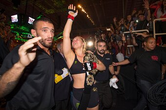 RIO DE JANEIRO, BRAZIL - AUGUST 01:  UFC women's bantamweight champion Ronda Rousey of the United States celebrates after defeating Bethe Correia of Brazil by KO during the UFC 190 event inside HSBC Arena on August 1, 2015 in Rio de Janeiro, Brazil.  (Pho