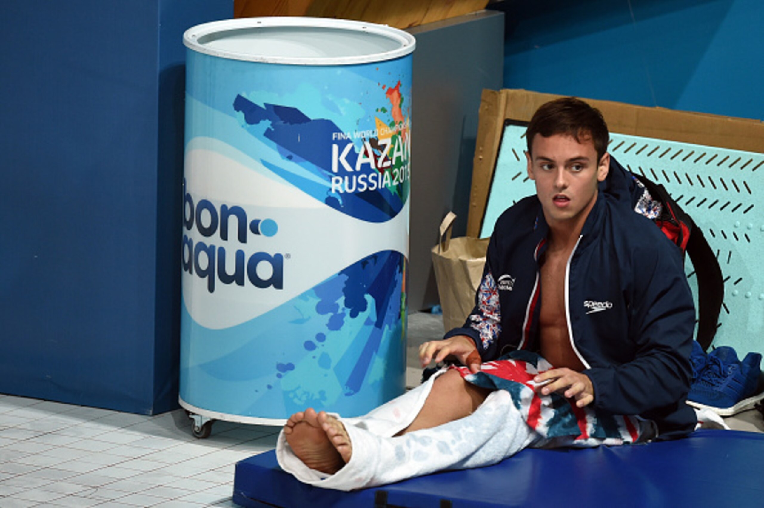 KAZAN, RUSSIA - AUGUST 01:  Tom Daley of Great Britain looks on in the Men's 10m Platform Diving Semi Finals on day eight of the 16th FINA World Championships at the Aquatics Palace on August 1, 2015 in Kazan, Russia.  (Photo by Matthias Hangst/Getty Imag