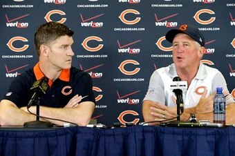 John Fox (right), with Bears GM Ryan Pace.
