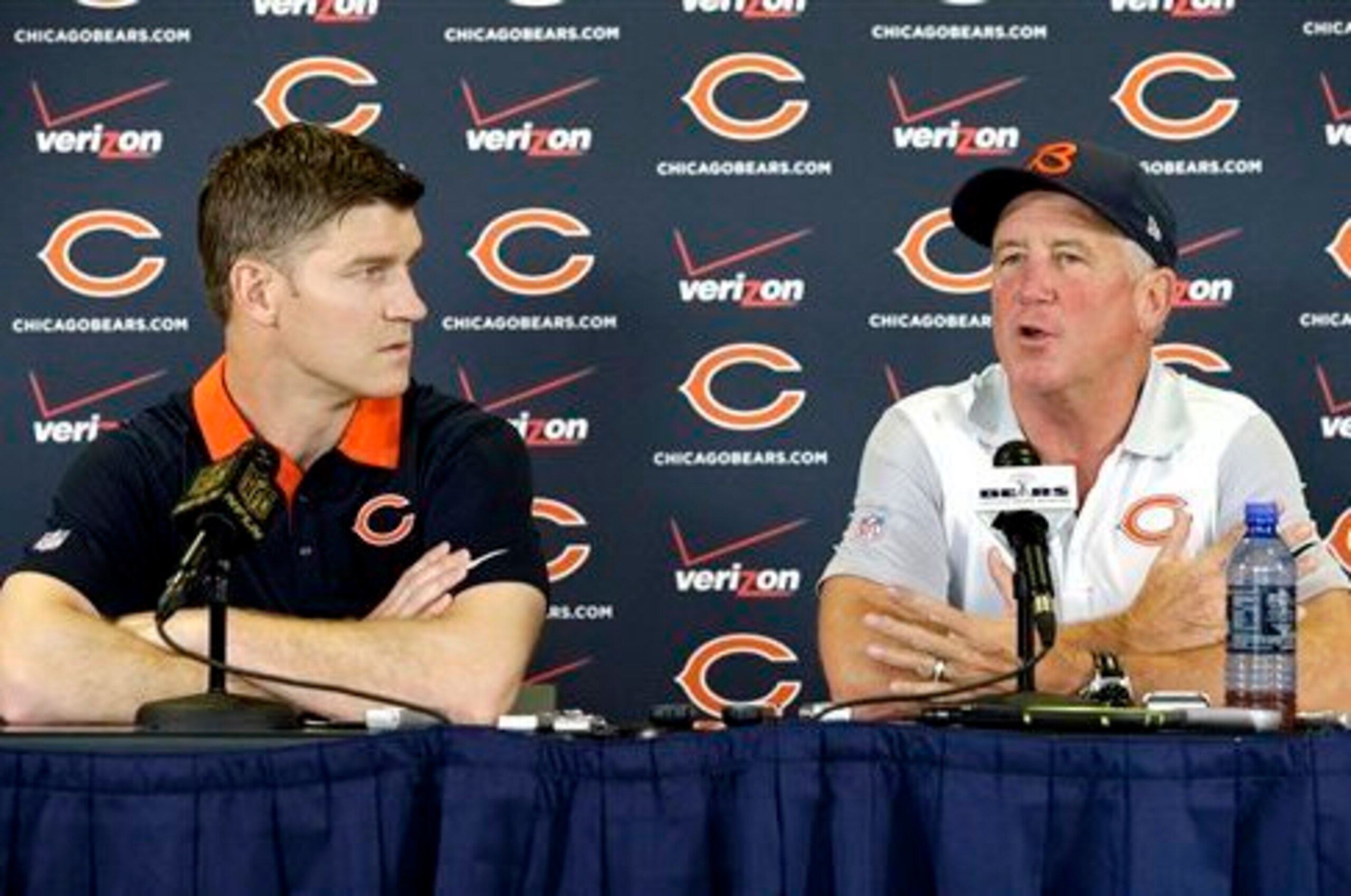 John Fox (right), with Bears GM Ryan Pace.