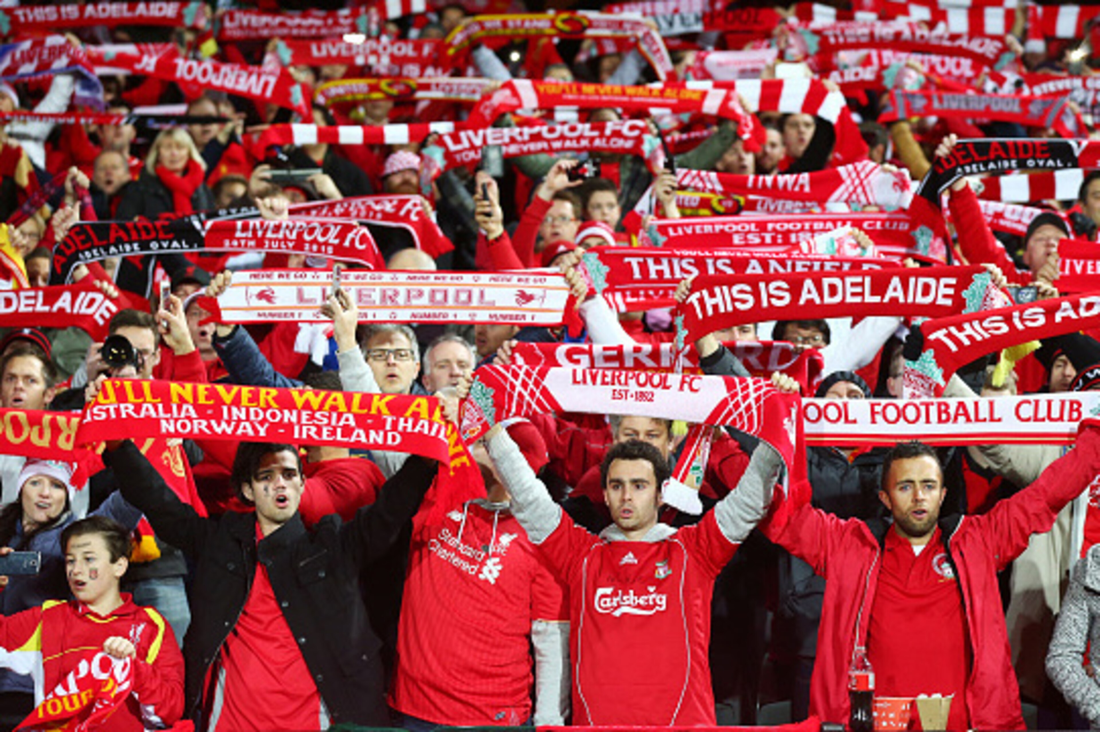ADELAIDE, AUSTRALIA - JULY 20:  Liverpool FC fans sing and support before the international friendly match between Adelaide United and Liverpool FC at Adelaide Oval on July 20, 2015 in Adelaide, Australia.  (Photo by Matt King/Getty Images)