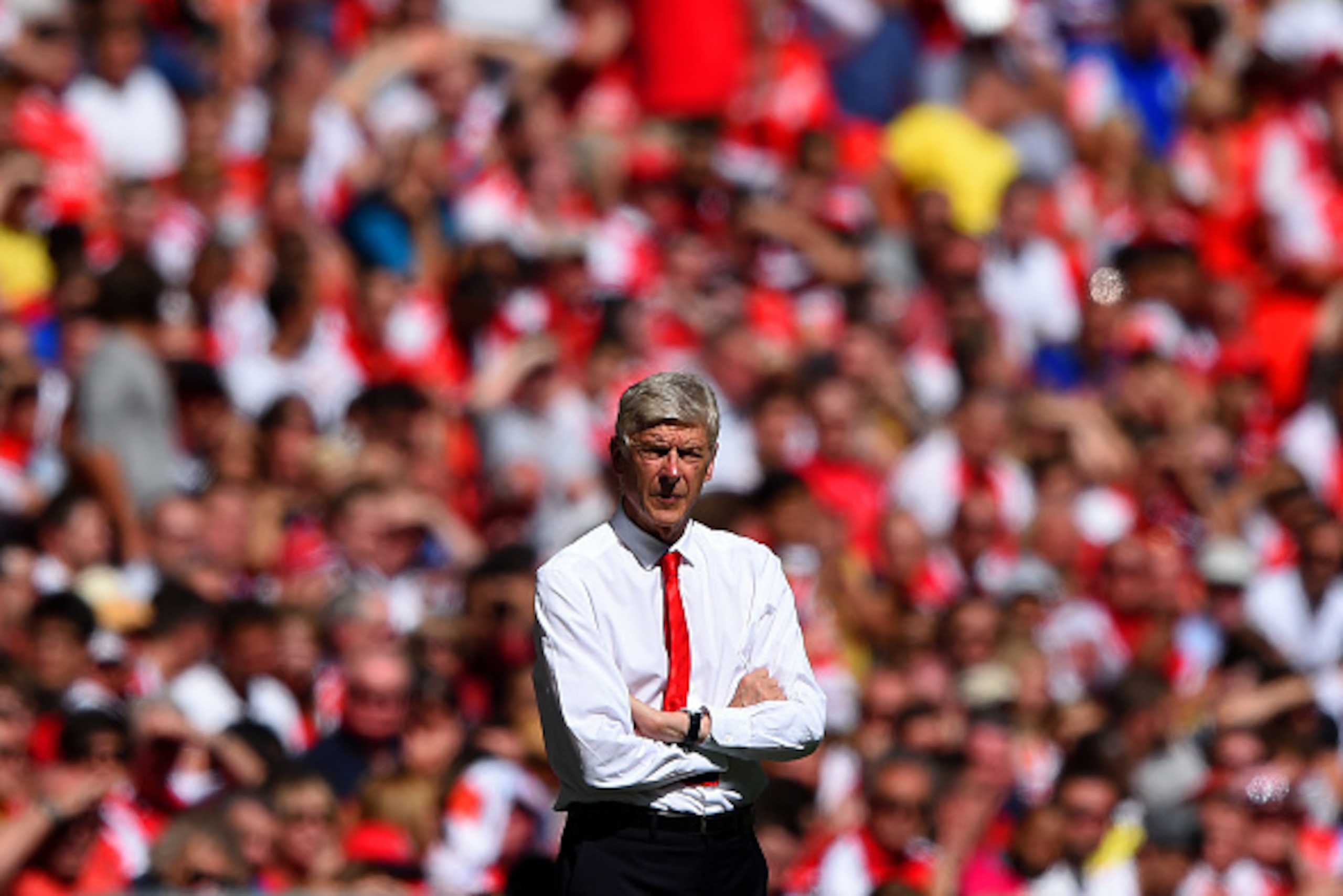 LONDON, ENGLAND - AUGUST 02: Head coach Arsene Wenger of Arsenal looks on during the FA Community Shield match between Chelsea and Arsenal at Wembley Stadium on August 2, 2015 in London, England.  (Photo by Shaun Botterill/Getty Images)