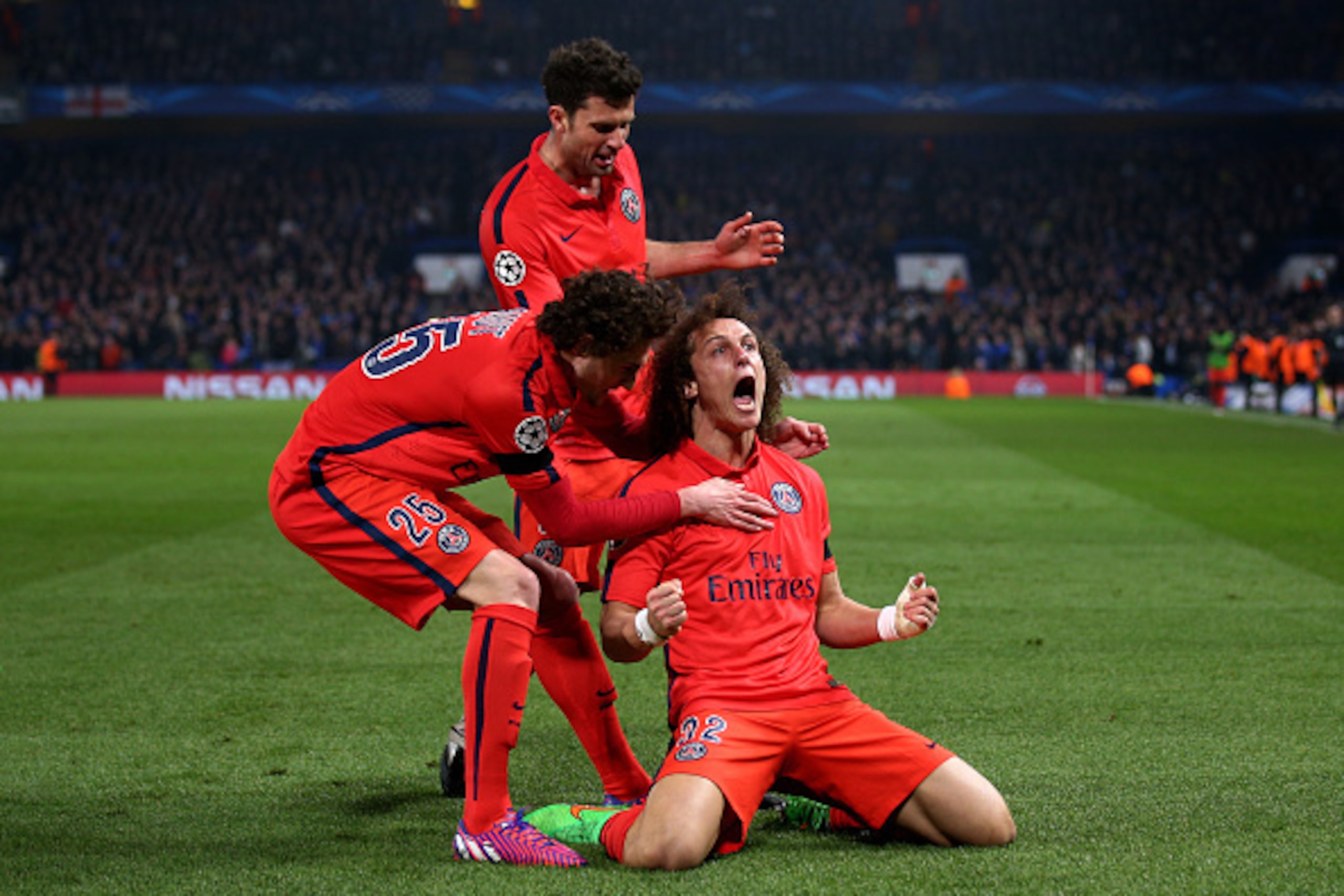 LONDON, ENGLAND - MARCH 11:  David Luiz of PSG celebrates after scoring a goal to level the scores at 1-1 during the UEFA Champions League Round of 16, second leg match between Chelsea and Paris Saint-Germain at Stamford Bridge on March 11, 2015 in London
