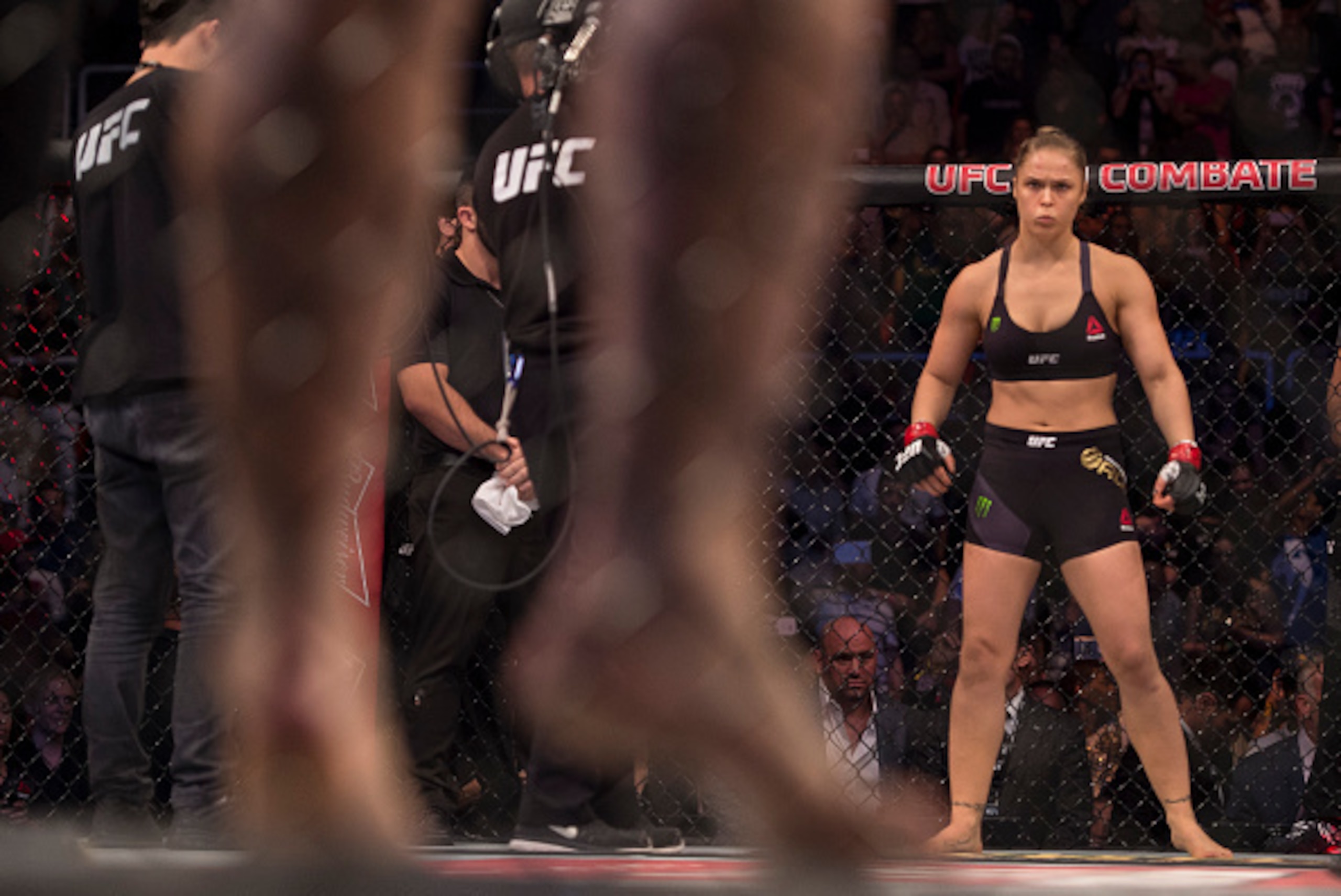 RIO DE JANEIRO, BRAZIL - AUGUST 01:  UFC women's bantamweight champion Ronda Rousey of the United States stands in her corner before facing Bethe Correia of Brazil during the UFC 190 event inside HSBC Arena on August 1, 2015 in Rio de Janeiro, Brazil.  (P