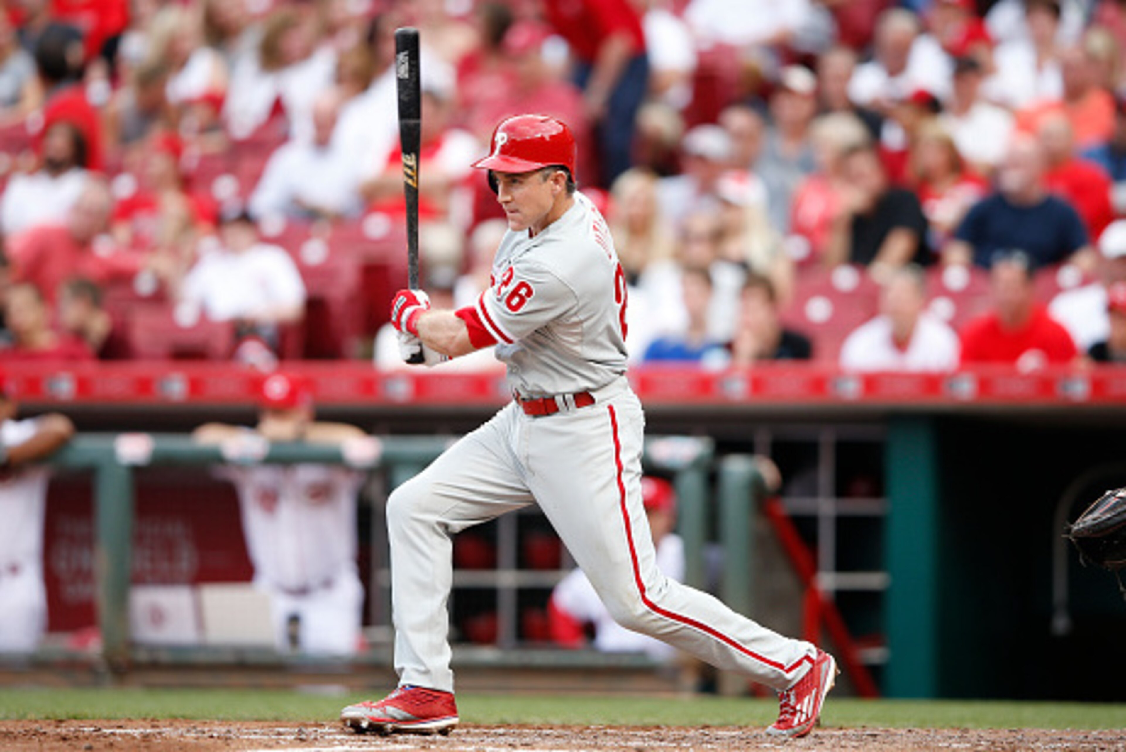 CINCINNATI, OH - JUNE 8: Chase Utley #26 of the Philadelphia Phillies bats during the game against the Cincinnati Reds at Great American Ball Park on June 8, 2015 in Cincinnati, Ohio. The Reds defeated the Phillies 6-4. (Photo by Joe Robbins/Getty Images)