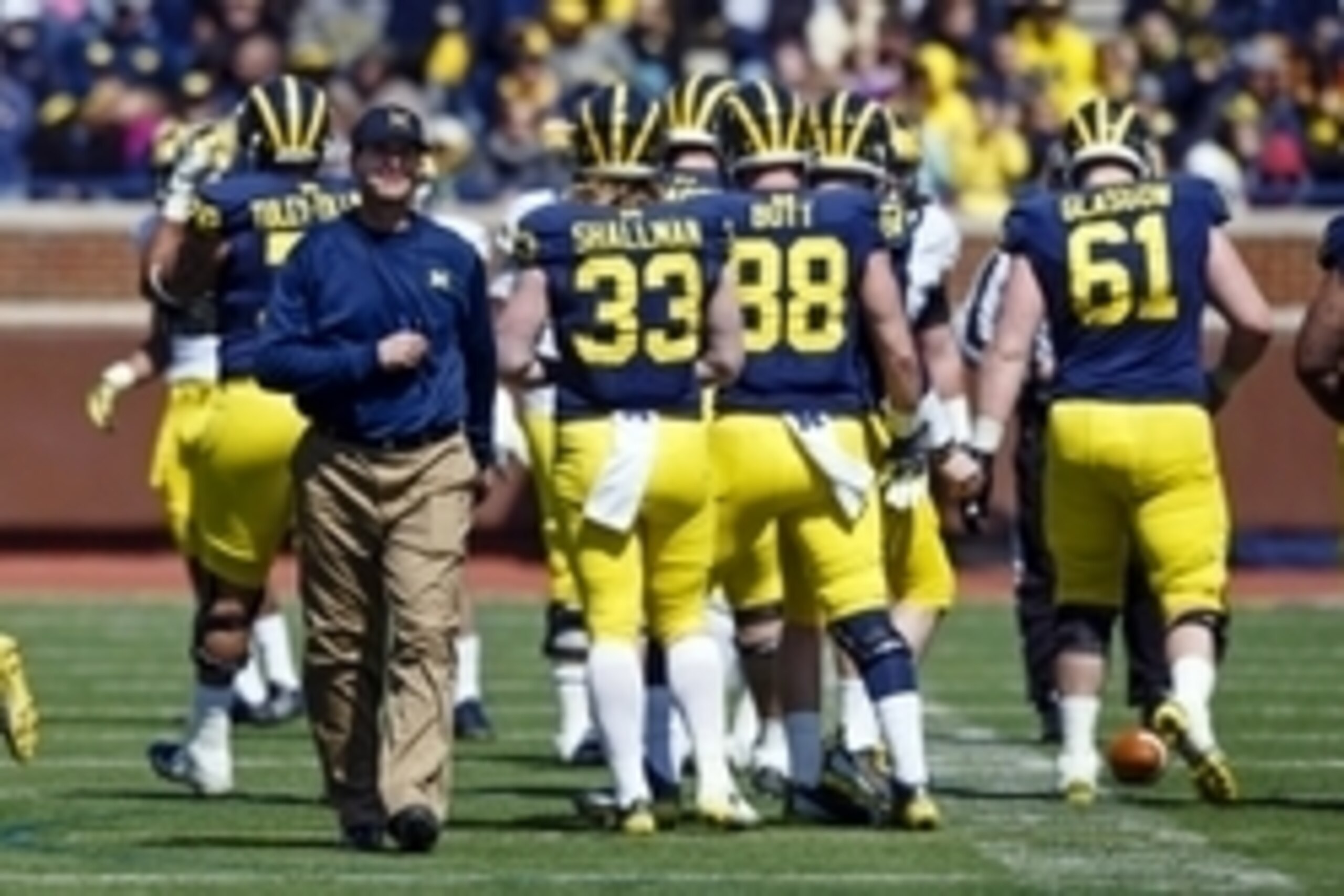Apr 4, 2015; Ann Arbor, MI, USA; Michigan Wolverines head coach Jim Harbaugh is seen during the Spring football game at Michigan Stadium. Mandatory Credit: Rick Osentoski-USA TODAY Sports