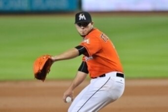 Aug 2, 2015; Miami, FL, USA; Miami Marlins starting pitcher Jose Fernandez (16) throws against the San Diego Padres during the first inning at Marlins Park. Mandatory Credit: Steve Mitchell-USA TODAY Sports