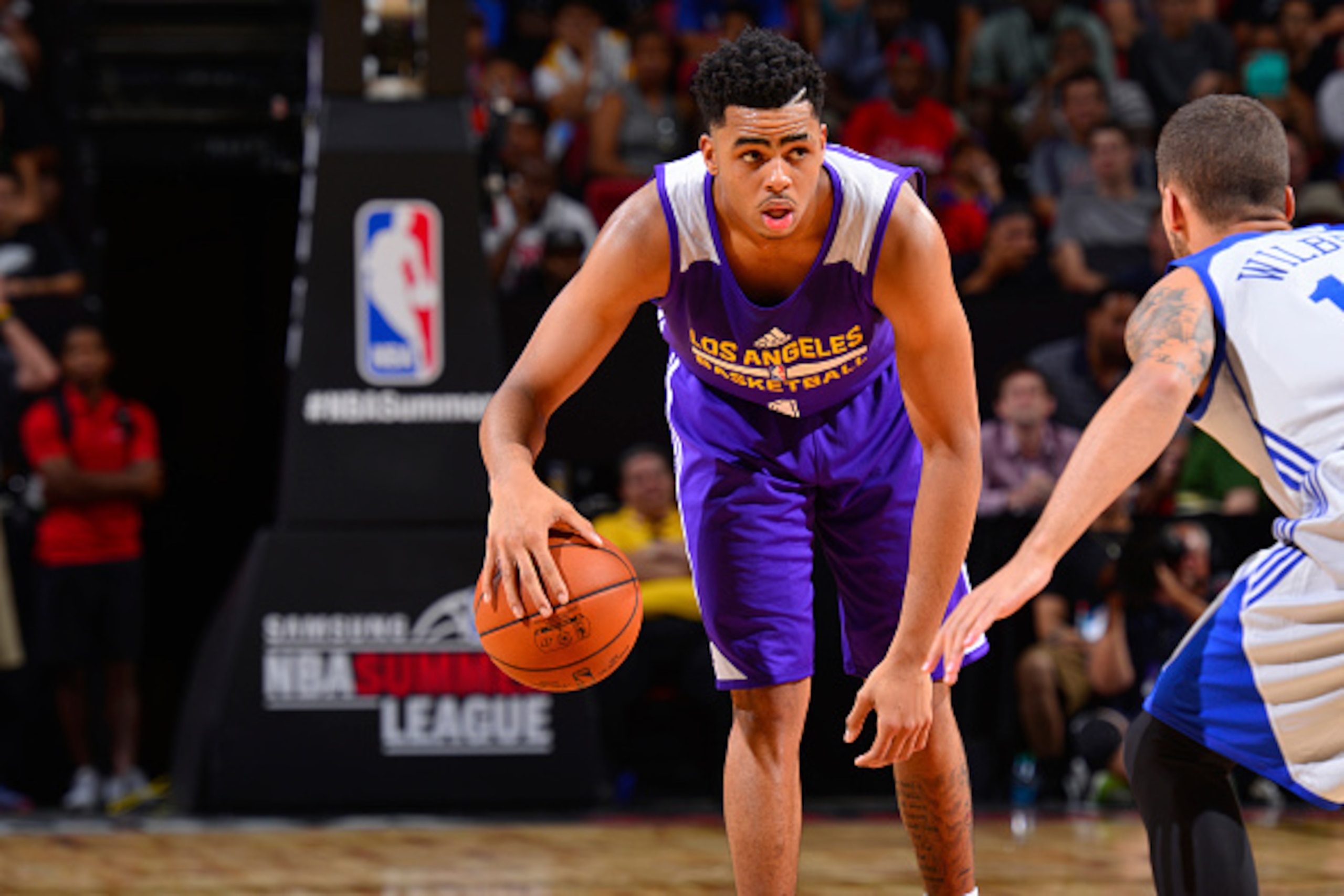 LAS VEGAS, NV - JULY 11: D'Angelo Russell #1 of the Los Angeles Lakers handles the ball against the Philadelphia 76ers on July 11, 2015 at the Cox Pavilion in Las Vegas, Nevada. NOTE TO USER: User expressly acknowledges and agrees that, by downloading and
