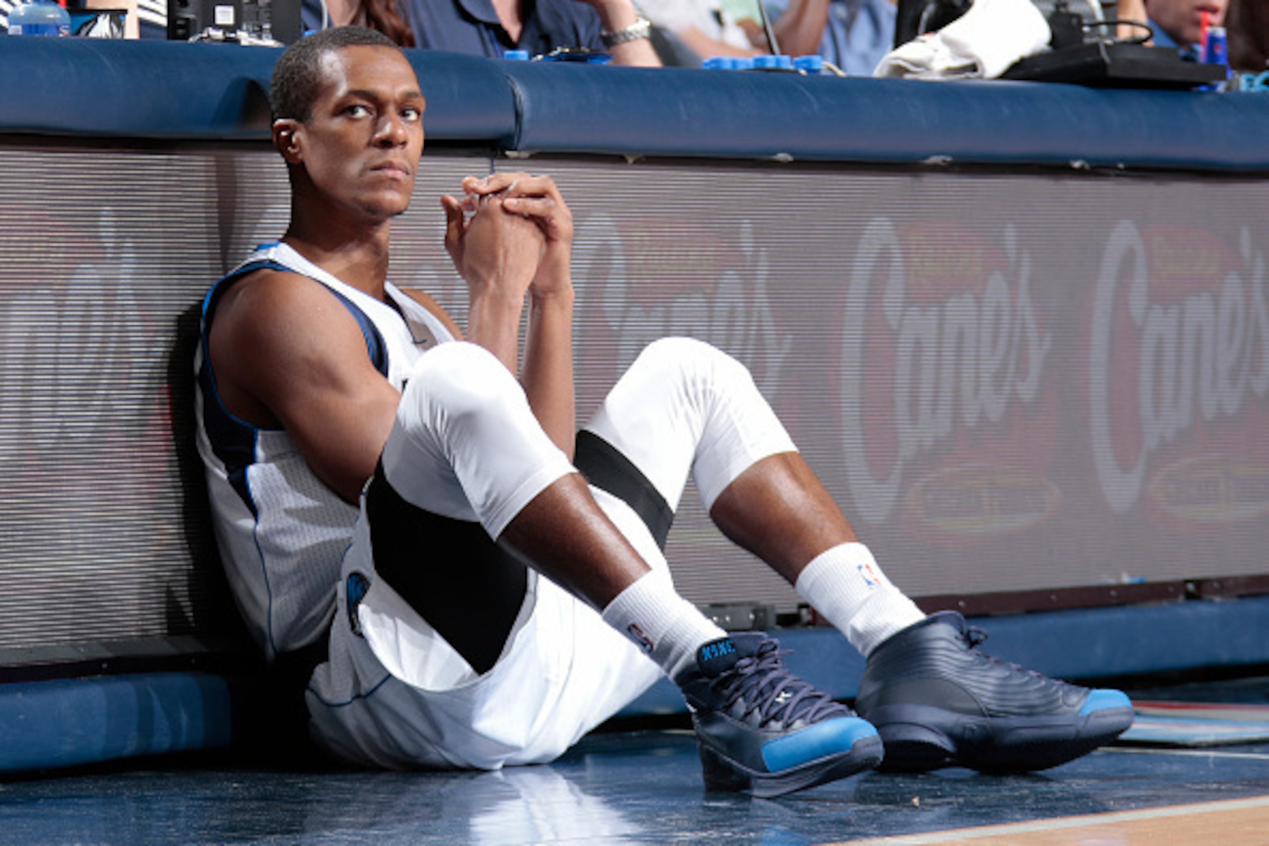 DALLAS, TX - APRIL 15: Rajon Rondo #9 of the Dallas Mavericks waits to check in during a game against the Portland Trail Blazers on April 15, 2015 at the American Airlines Center in Dallas, Texas. NOTE TO USER: User expressly acknowledges and agrees that,