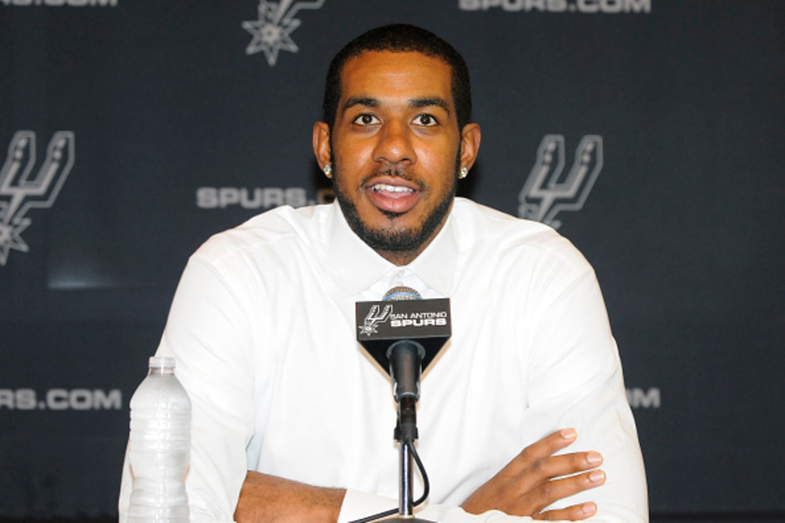SAN ANTONIO, TX - JULY 10:  LaMarcus Aldridge of the San Antonio Spurs attends a press conference on July 10, 2015 at the San Antonio Spurs Practice Facility in San Antonio, Texas. NOTE TO USER: User expressly acknowledges and agrees that, by downloading 