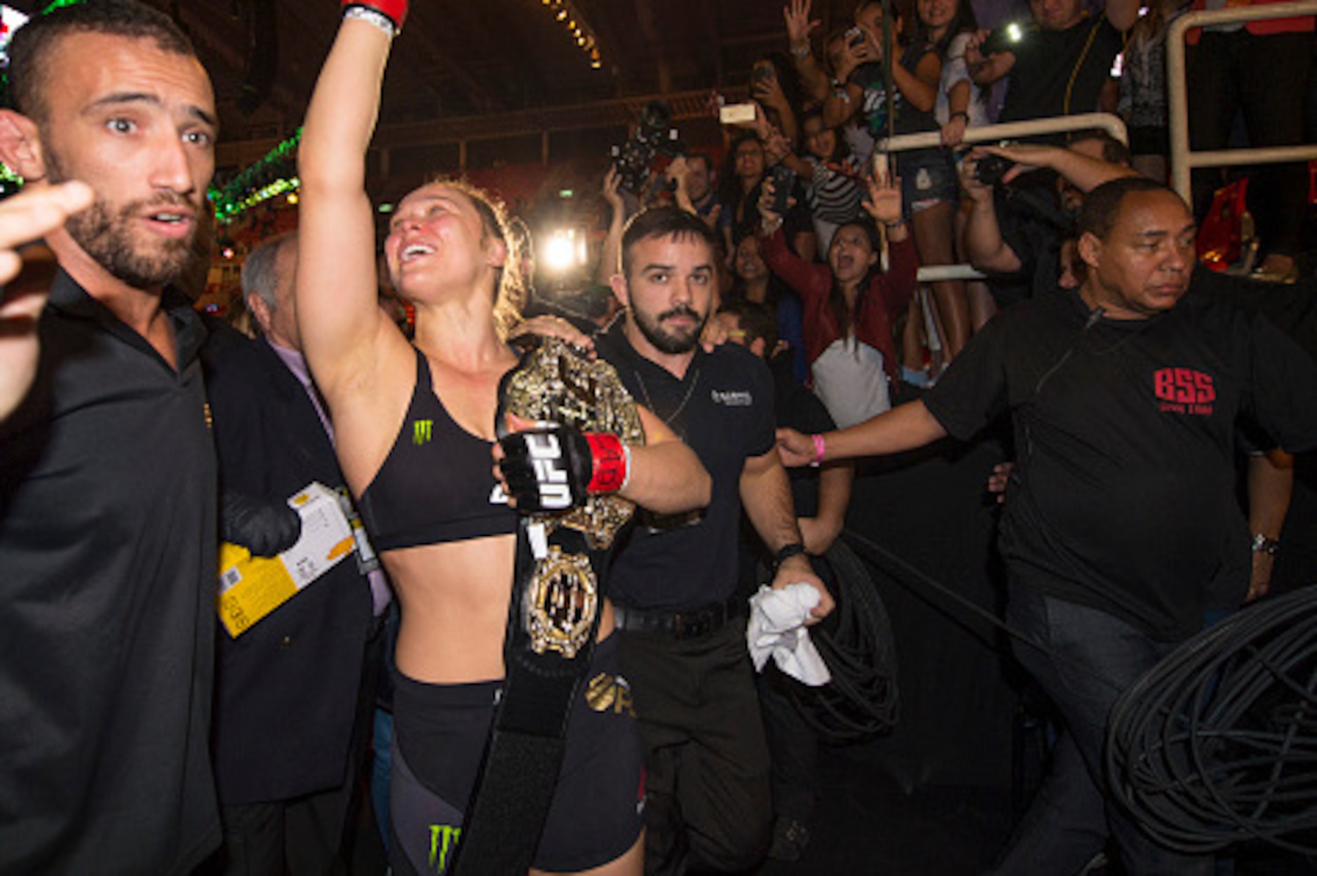 RIO DE JANEIRO, BRAZIL - AUGUST 01:  UFC women's bantamweight champion Ronda Rousey of the United States celebrates after defeating Bethe Correia of Brazil by KO during the UFC 190 event inside HSBC Arena on August 1, 2015 in Rio de Janeiro, Brazil.  (Pho