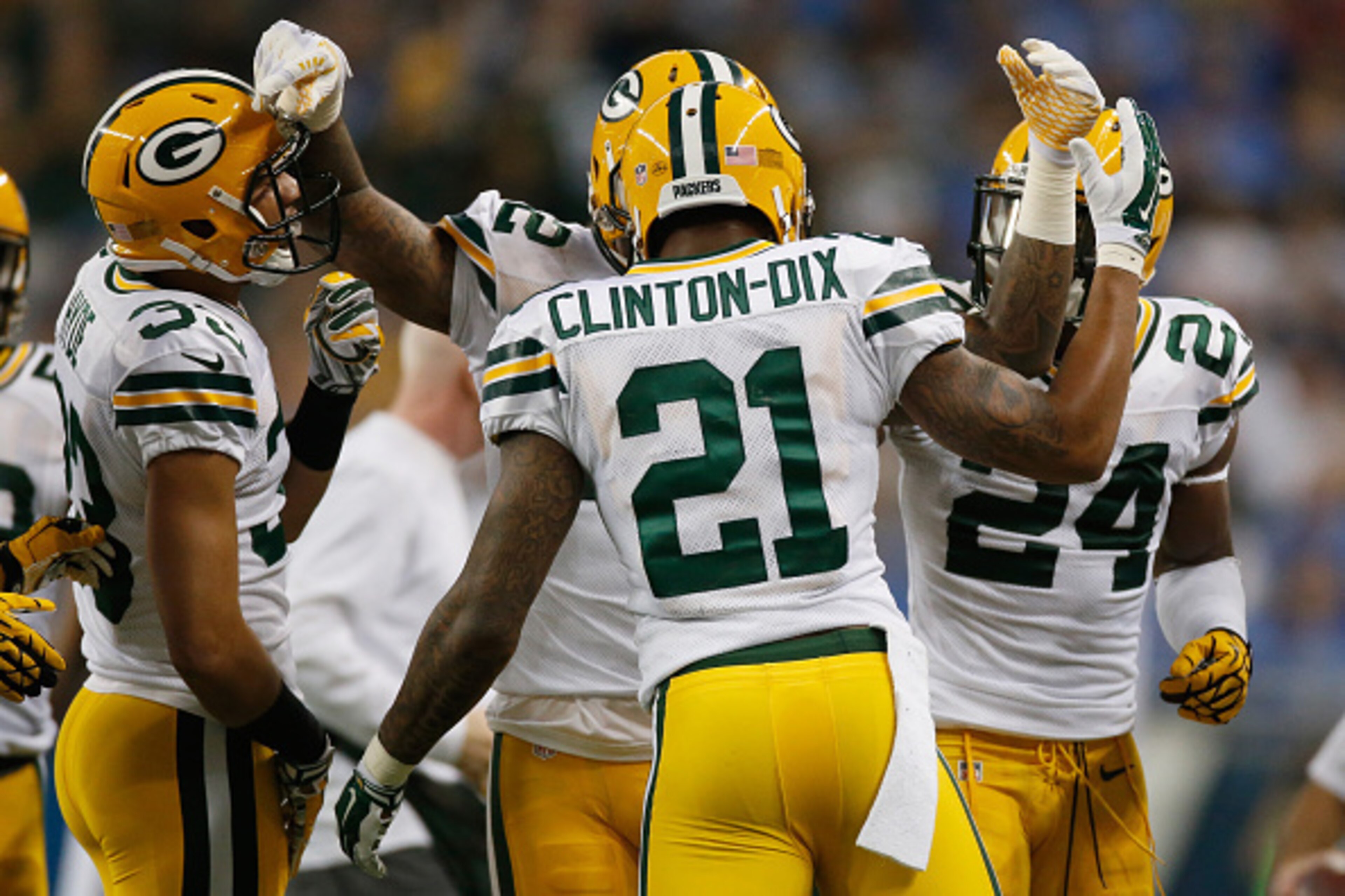 DETROIT, MI - SEPTEMBER 21: Ha Ha Clinton-Dix #21 of the Green Bay Packers celebrates after a first quarter interception against the Detroit Lions at Ford Field on September 21, 2014 in Detroit, Michigan. (Photo by Gregory Shamus/Getty Images)