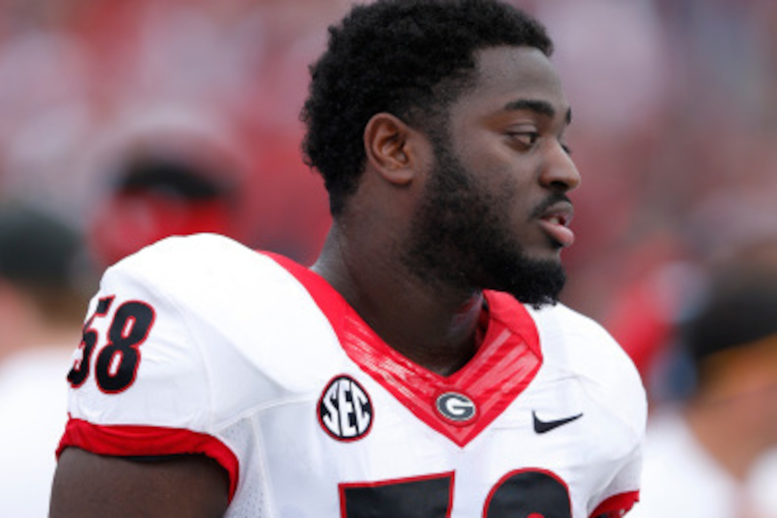 COLUMBIA, SC - SEPTEMBER 13: Sterling Bailey #58 of the Georgia Bulldogs looks on against the South Carolina Gamecocks during the game at Williams-Brice Stadium on September 13, 2014 in Columbia, South Carolina. South Carolina won 38-35. (Photo by Joe Rob