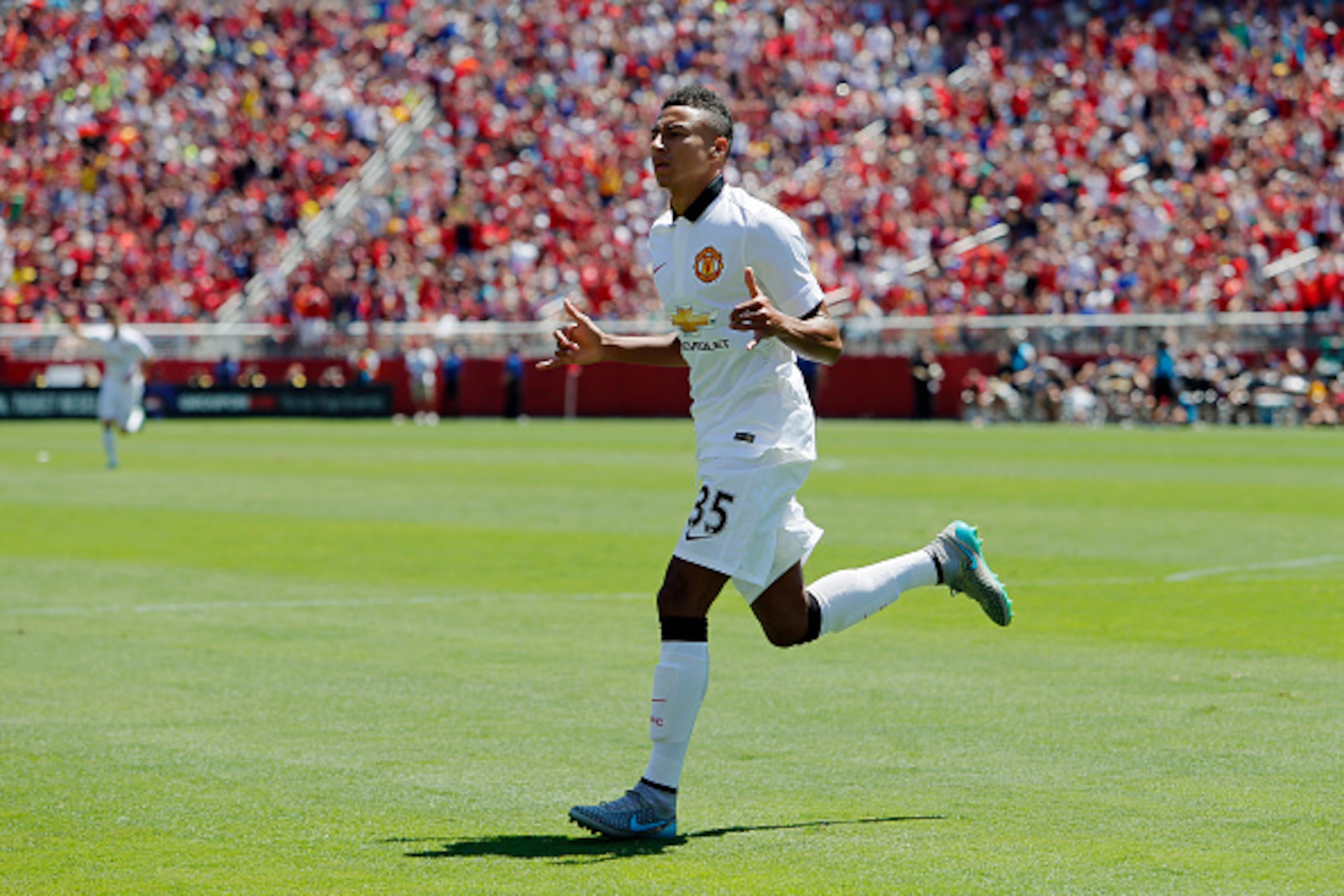SANTA CLARA, CA - JULY 25:  Jesse Lingard #35 of Manchester United celebrates after scoring against FC Barcelona in the 65th minute during the International Champions Cup on July 25, 2015 at Levi's Stadium in Santa Clara, California.  Machester United won