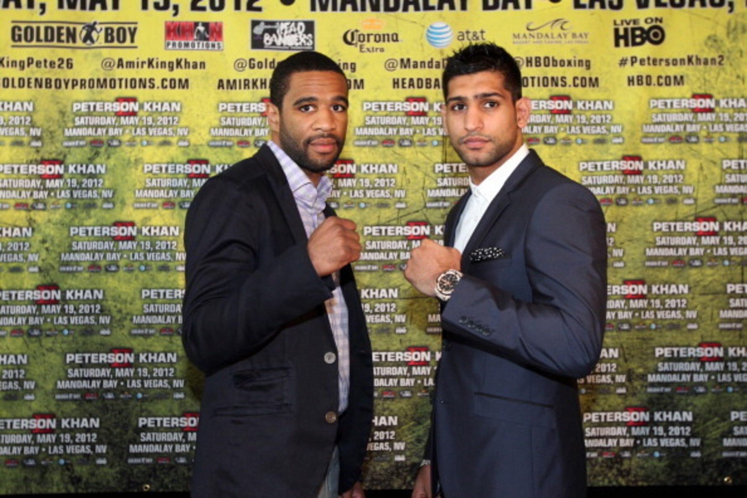 WASHINGTON, DC - MARCH 15: Lamont Peterson and Amir Kahn pose for a photo during a press conference for the upcoming fight between Lamont Peterson and Amir Khan at the W Hotel on March 15, 2012 in Washington, DC. (Photo by Ned Dishman/Getty Images)