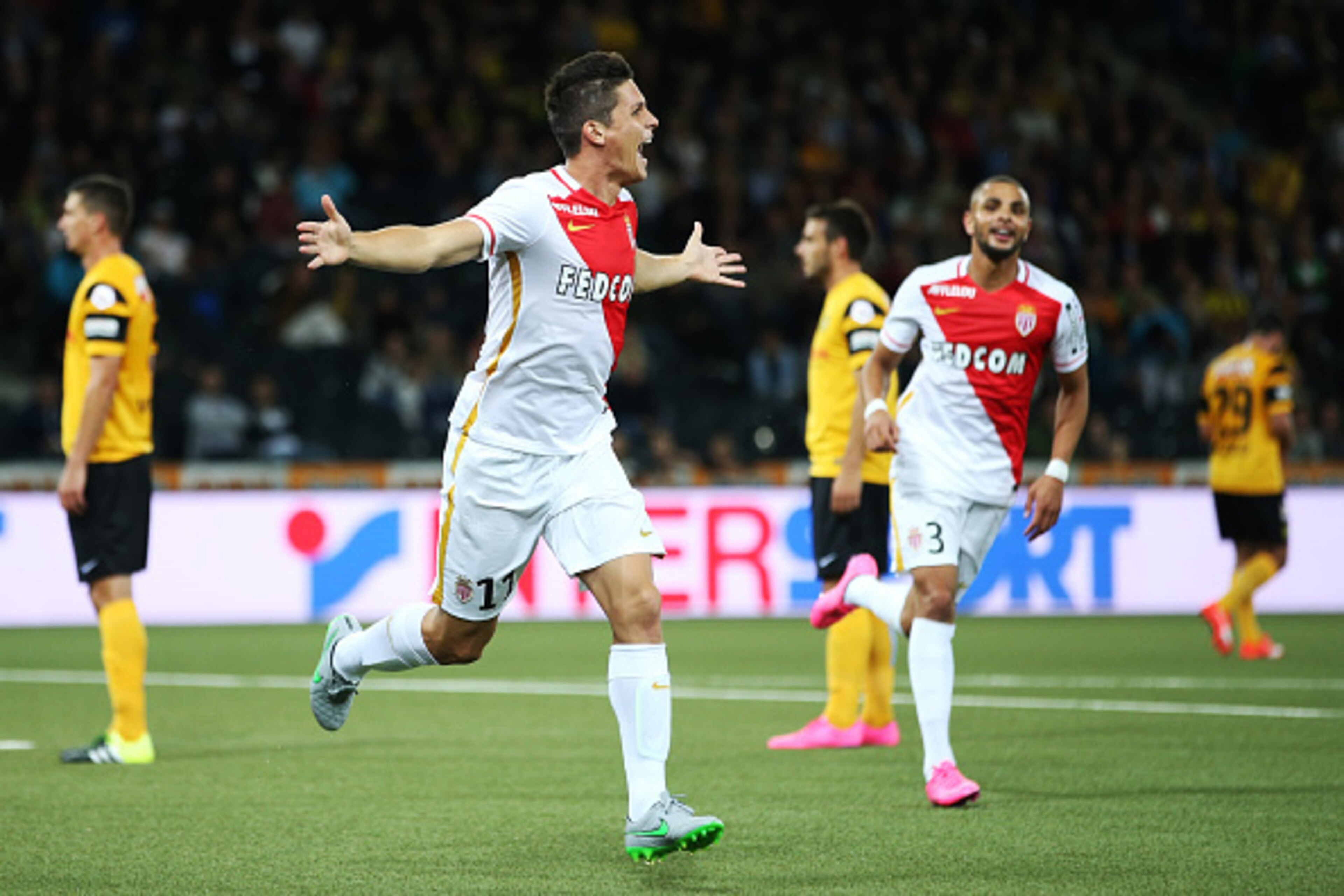 BERN, SWITZERLAND - JULY 28: Guido Carrillo of AS Monaco (L) celebrates after scoring his team's second goal during the UEFA Champions League third qualifying round 1st leg match between BSC Young Boys and AS Monaco at Stade de Suisse on July 28, 2015 in BERN, SWITZERLAND - JULY 28: Guido Carrillo of AS Monaco (L) celebrates after scoring his team's second goal during the UEFA Champions League third qualifying round 1st leg match between BSC Young Boys and AS Monaco at Stade de Suisse on July 28, 2015 in