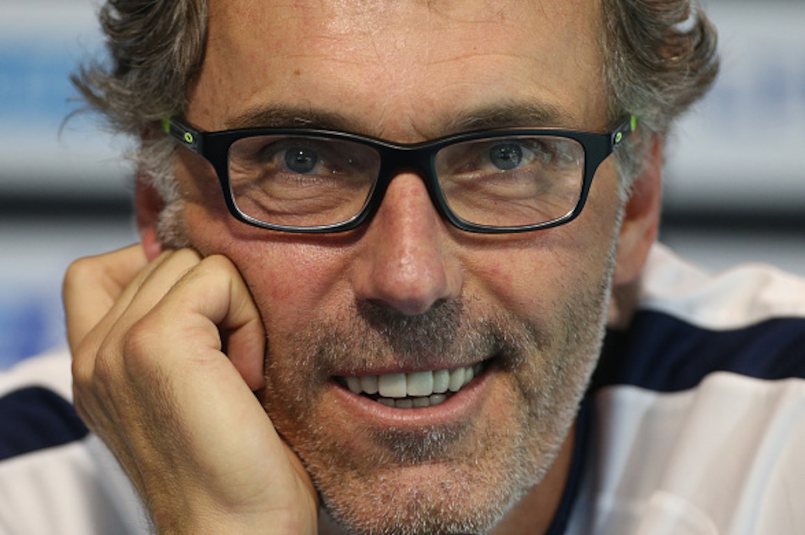 MONTREAL, QC  - JULY 31: Head coach of PSG Laurent Blanc answers to the media during Paris Saint-Germain press conference on the eve of the 2015 Trophee des Champions between Paris Saint-Germain (PSG) and Olympique Lyonnais (OL) at Stade Saputo on July 31