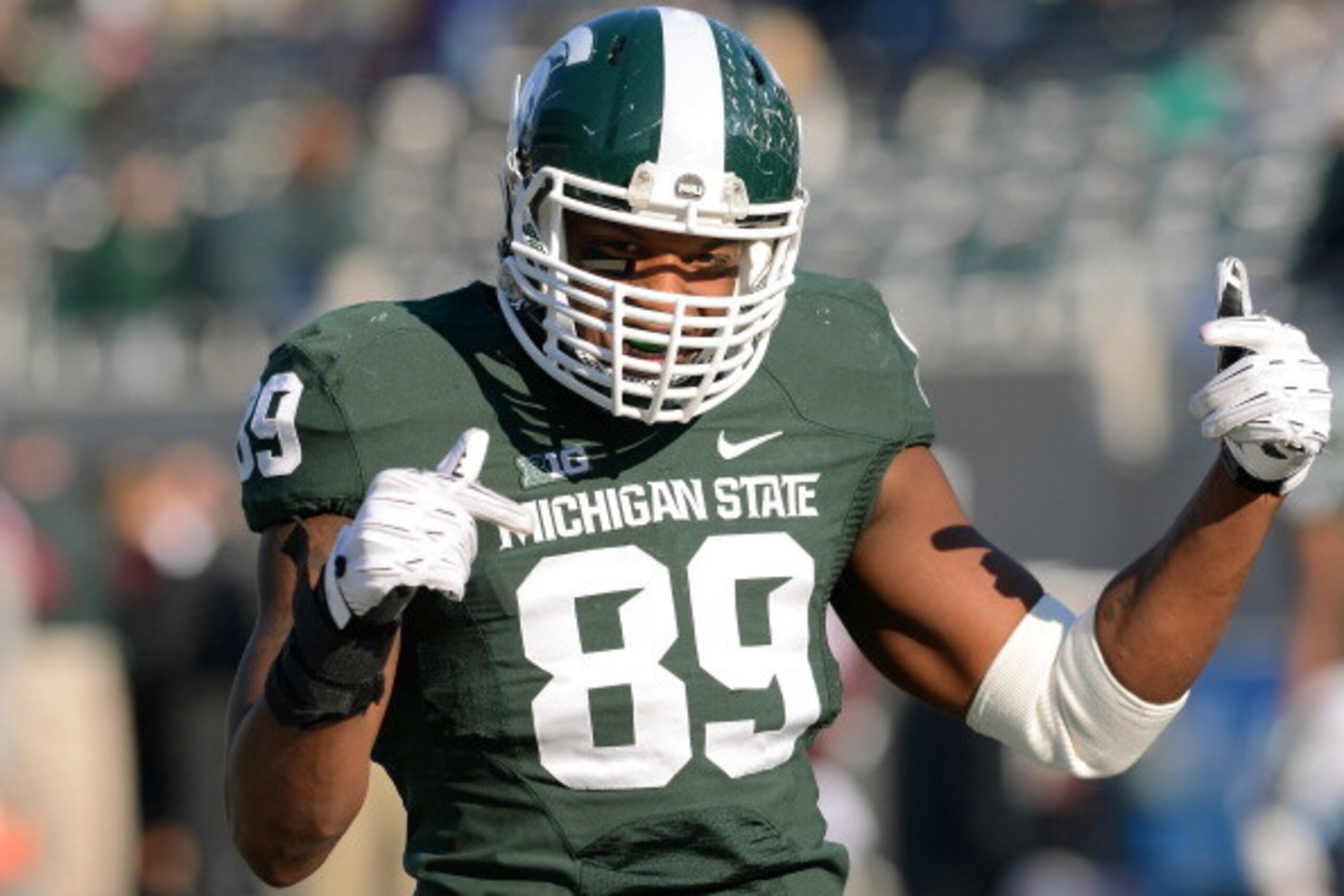 EAST LANSING, MI - NOVEMBER 30:  Shilique Calhoun #89 of the Michigan State Spartans looks on prior to the start of the game against the Minnesota Golden Gophers at Spartan Stadium on November 30, 2013 in East Lansing, Michigan. The Spartans defeated the 