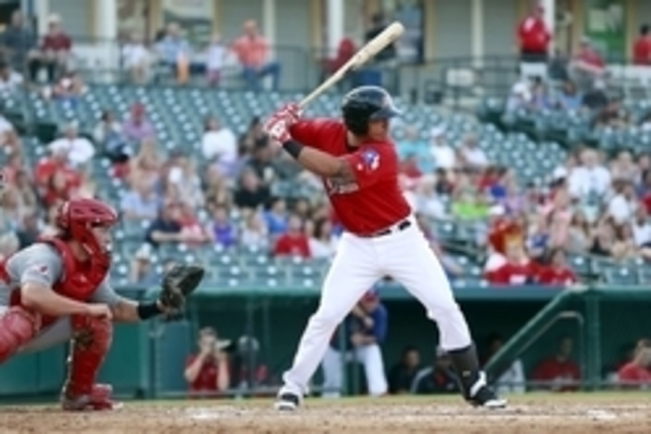 Aug 7, 2014; Frisco, TX, USA; Frisco Rough Riders designated hitter Jorge Alfaro (8) bats during the game against the Springfield Cardinals at Dr Pepper Ballpark. Springfield beat Frisco 2-1. Mandatory Credit: Tim Heitman-USA TODAY Sports