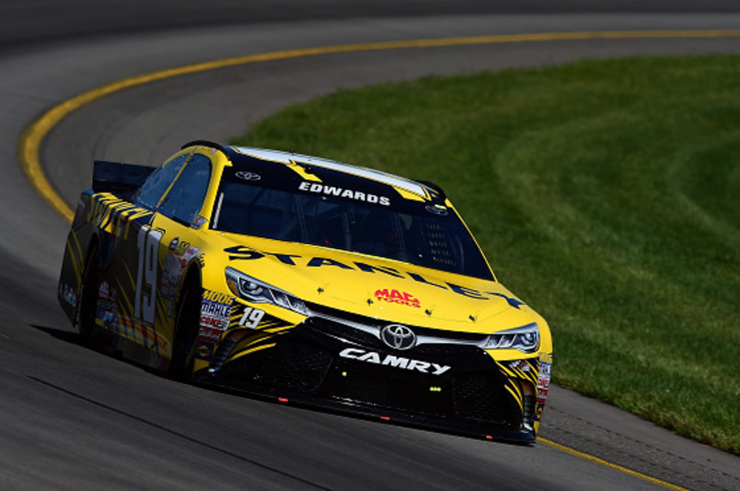 LONG POND, PA - JULY 31: Carl Edwards, driver of the #19 Stanley Toyota, practices for the NASCAR Sprint Cup Series Windows 10 400 at Pocono Raceway on July 31, 2015 in Long Pond, Pennsylvania.  (Photo by Jared C. Tilton/Getty Images)