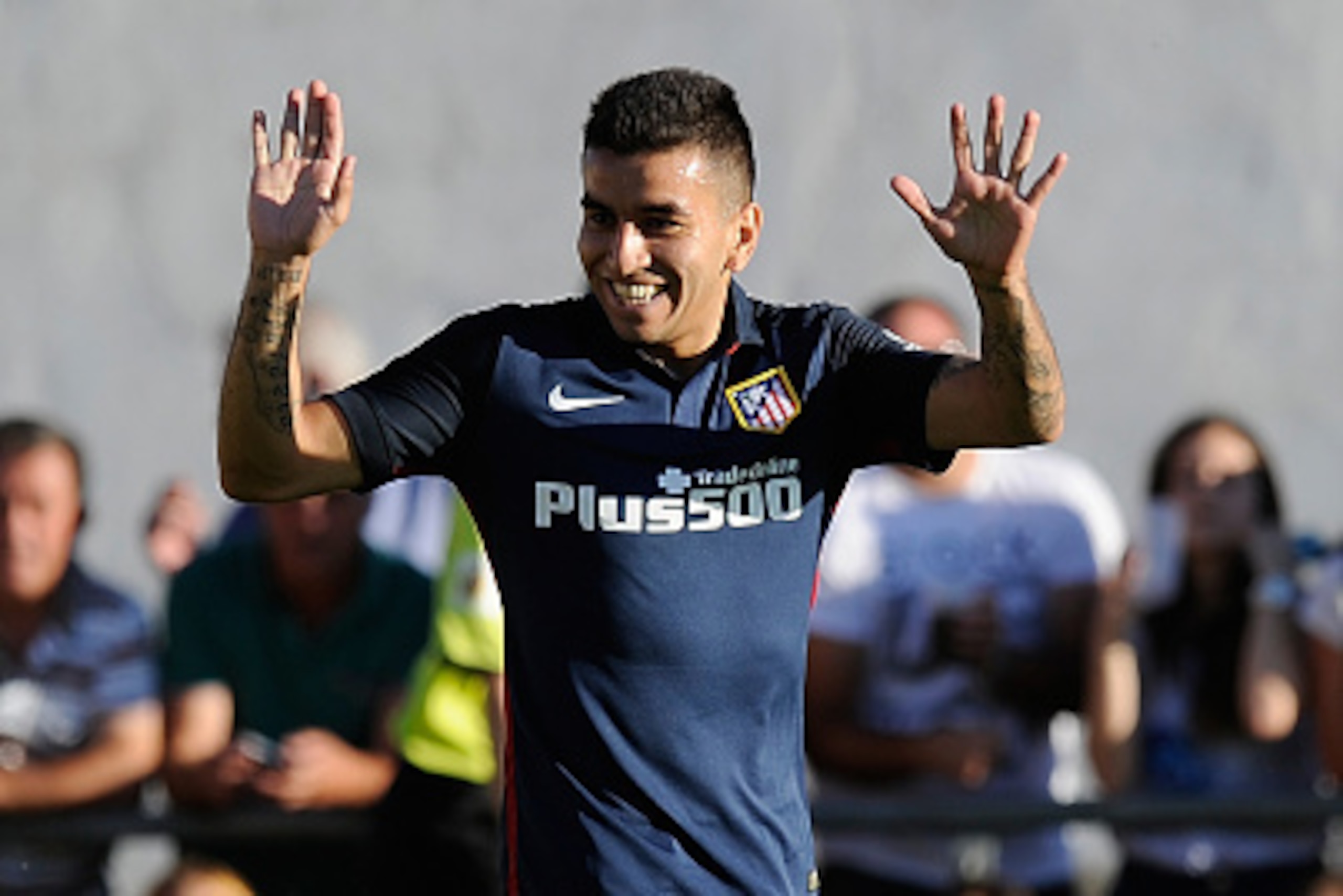 BURGO DE OSMA, SPAIN - JULY 25:  Angel Correa of Club Atletico de Madrid celebrates after scoring his team's 2nd goal during the Jesus Gil y Gil Memorial pre-season friendly match between Numancia and Club Atletico de Madrid at the Campo Municipal de Depo