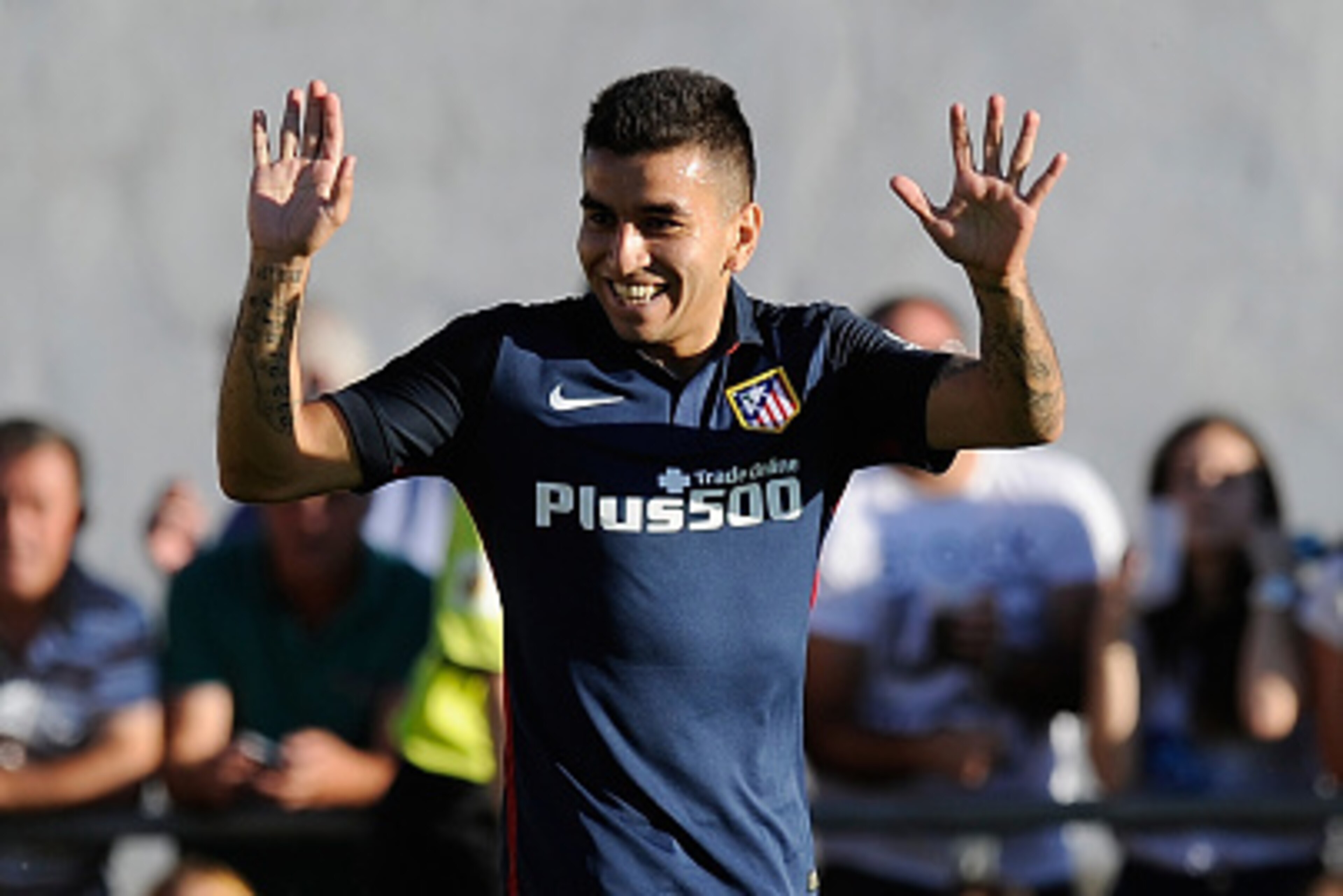 BURGO DE OSMA, SPAIN - JULY 25:  Angel Correa of Club Atletico de Madrid celebrates after scoring his team's 2nd goal during the Jesus Gil y Gil Memorial pre-season friendly match between Numancia and Club Atletico de Madrid at the Campo Municipal de Depo
