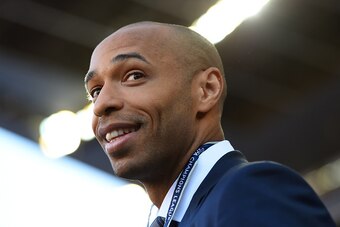 BARCELONA, SPAIN - MAY 06:  Former player and TV commentator Thierry Henry lookson prior to kickoff during the UEFA Champions League Semi Final, first leg match between FC Barcelona and FC Bayern Muenchen at Camp Nou on May 6, 2015 in Barcelona, Spain.  (