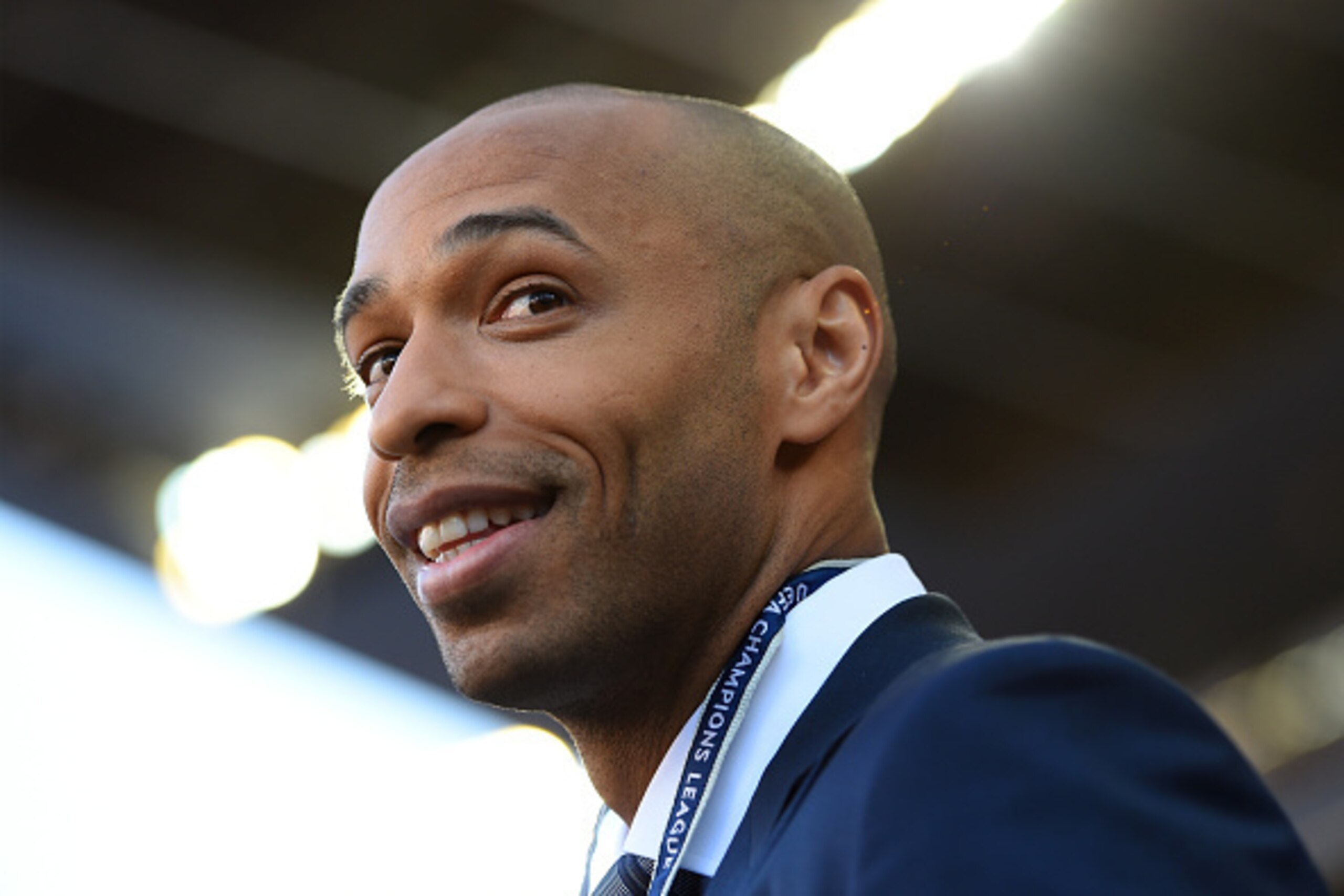 BARCELONA, SPAIN - MAY 06:  Former player and TV commentator Thierry Henry lookson prior to kickoff during the UEFA Champions League Semi Final, first leg match between FC Barcelona and FC Bayern Muenchen at Camp Nou on May 6, 2015 in Barcelona, Spain.  (