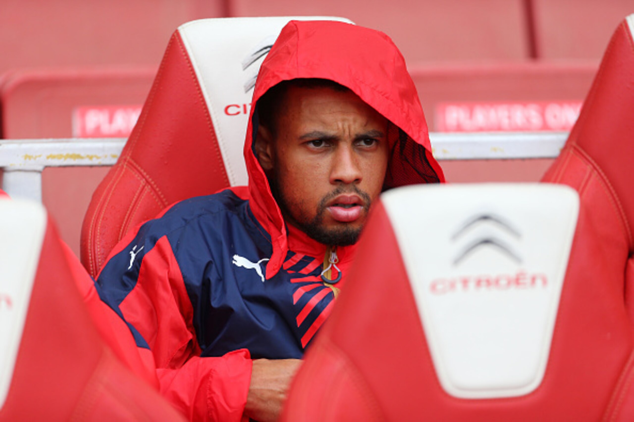 LONDON, ENGLAND - JULY 26:  Francis Coquelin of Arsenal on the bench before the Emirates Cup match between Arsenal and VfL Wolfsburg at Emirates Stadium on July 26, 2015 in London, England.  (Photo by Catherine Ivill - AMA/Getty Images).