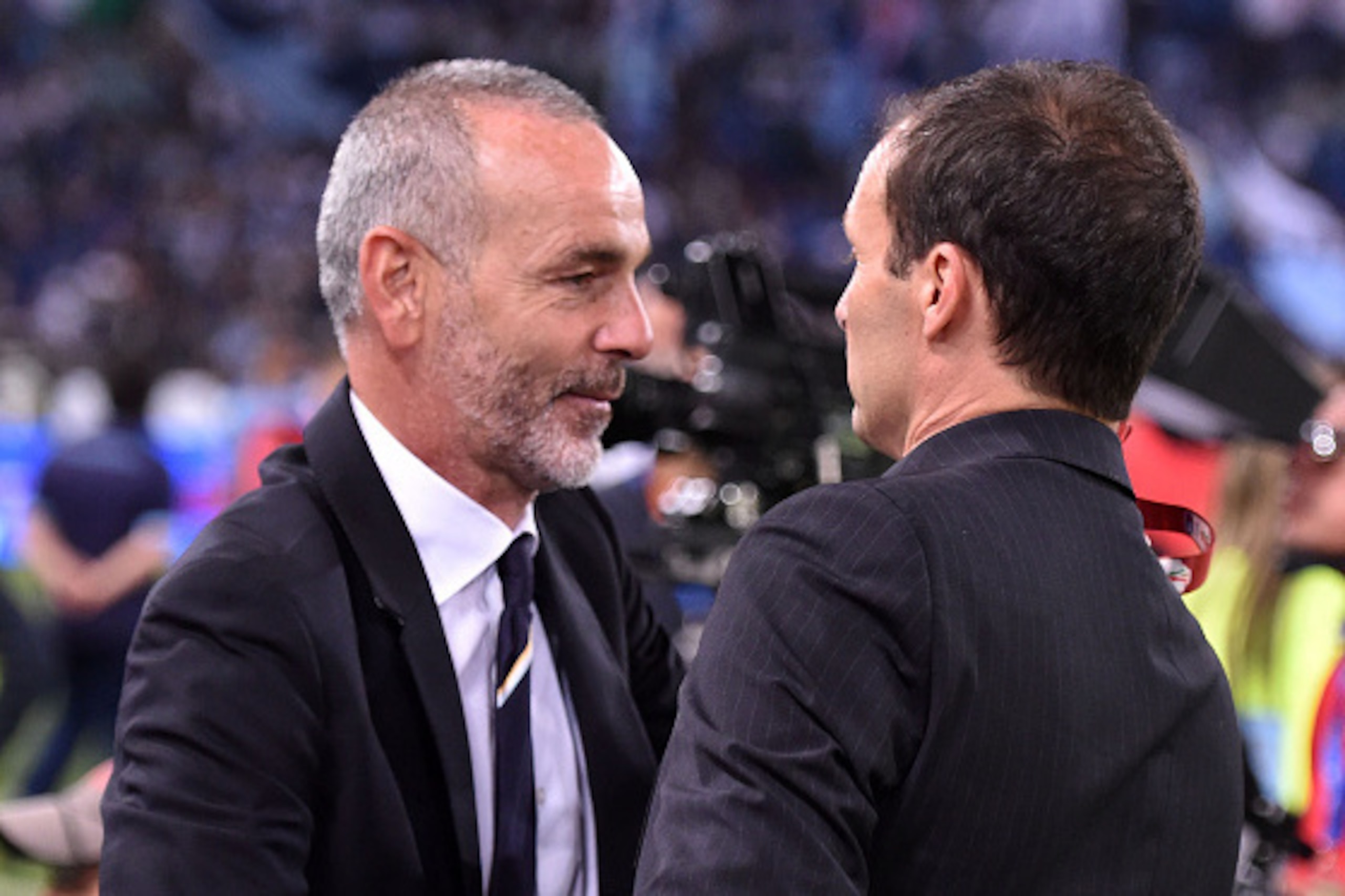 ROME, ITALY - MAY 20:  Stefano Pioli head coach of Lazio and Massimiliano Allegri head coach of Juventus  after the TIM Cuo final match between SS Lazio and Juventus FC at Olimpico Stadium on May 20, 2015 in Rome, Italy.  (Photo by Giuseppe Bellini/Getty 