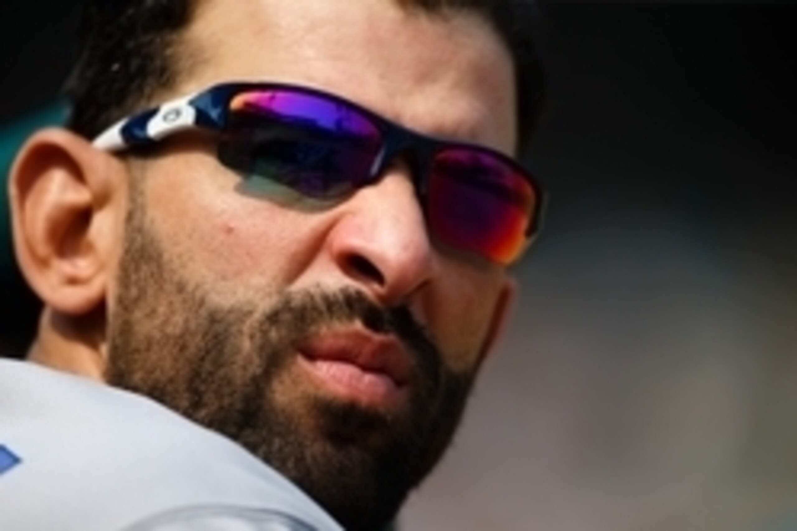 Jul 4, 2015; Detroit, MI, USA; Toronto Blue Jays right fielder Jose Bautista (19) watches from the dugout in the ninth inning against the Detroit Tigers at Comerica Park. Detroit won 8-3. Mandatory Credit: Rick Osentoski-USA TODAY Sports