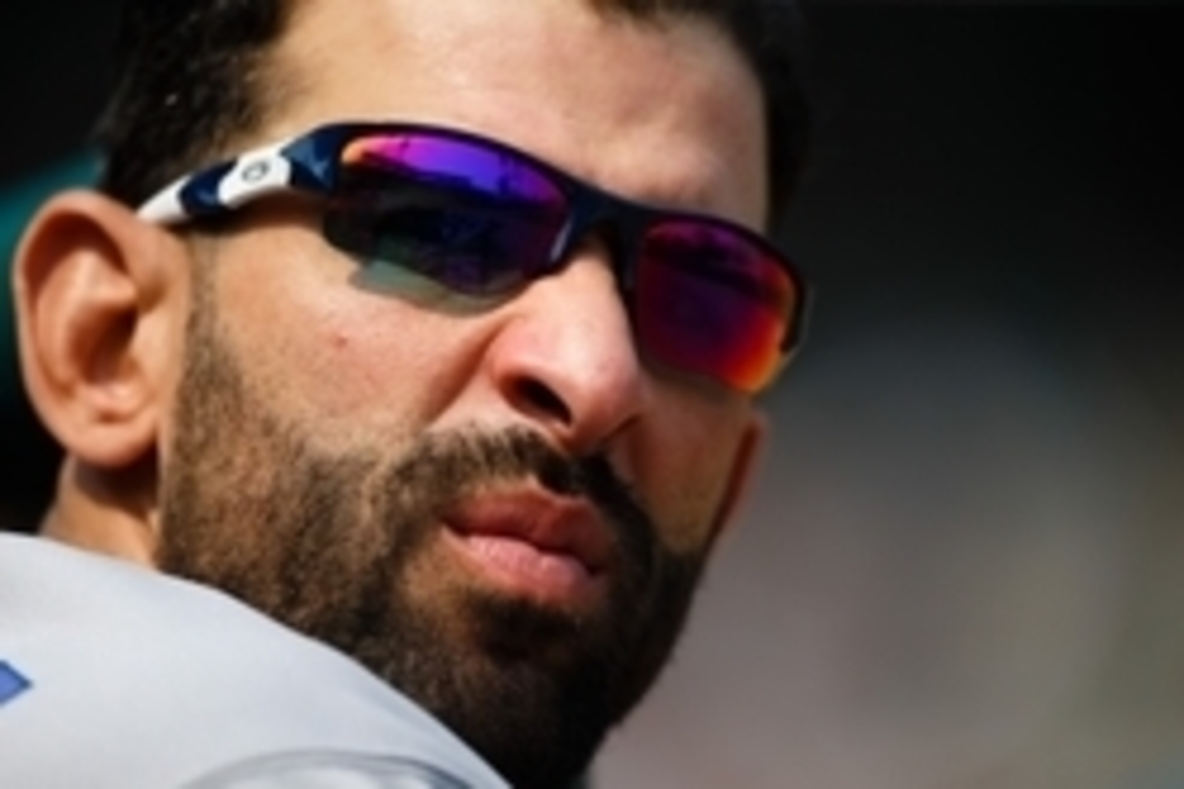 Jul 4, 2015; Detroit, MI, USA; Toronto Blue Jays right fielder Jose Bautista (19) watches from the dugout in the ninth inning against the Detroit Tigers at Comerica Park. Detroit won 8-3. Mandatory Credit: Rick Osentoski-USA TODAY Sports