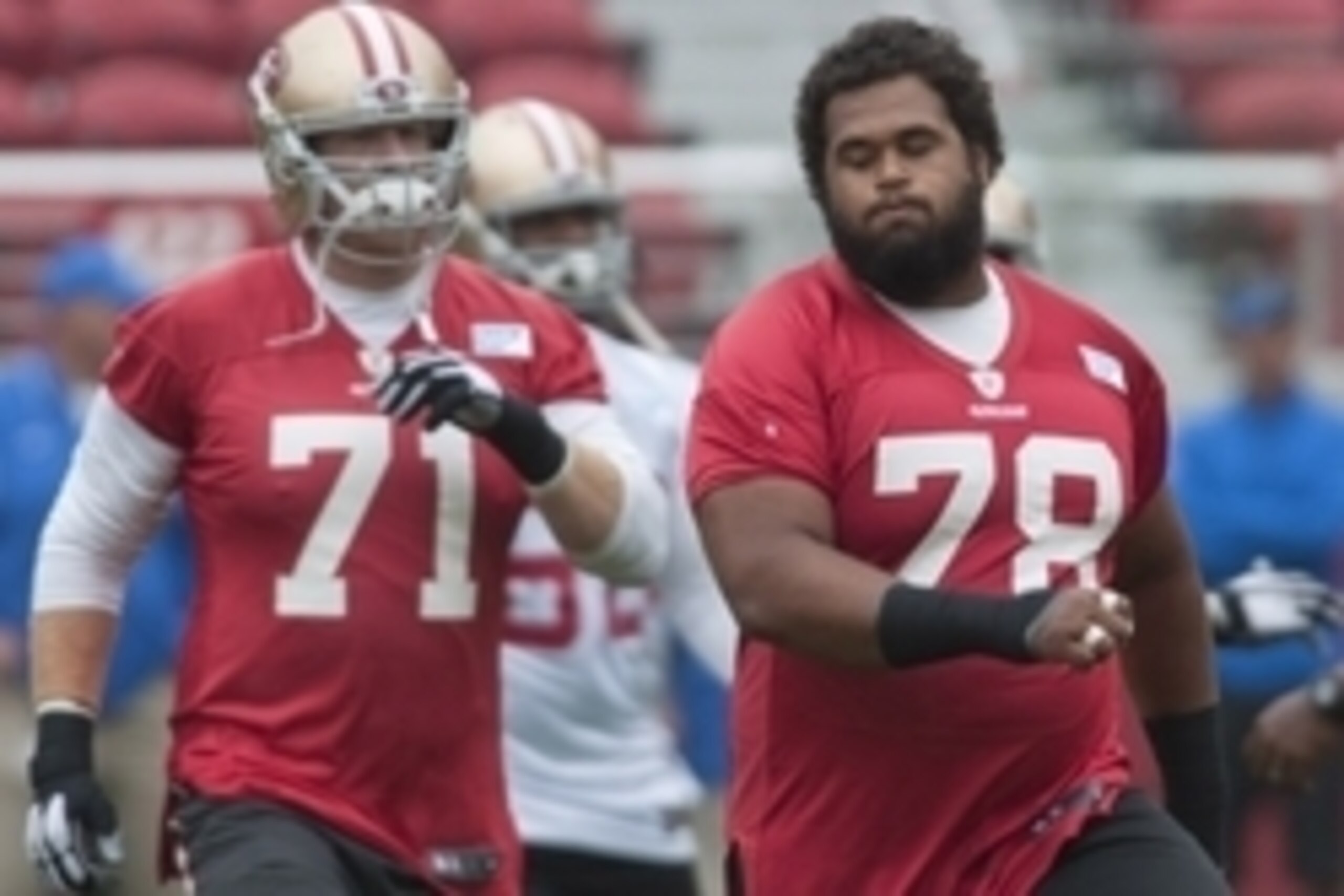 Jun 11, 2015; San Francisco, CA, USA; San Francisco 49ers guard Erik Pears (71) and guard Joe Looney (78) perform drills during minicamp at Levi's Stadium. Mandatory Credit: Ed Szczepanski-USA TODAY Sports