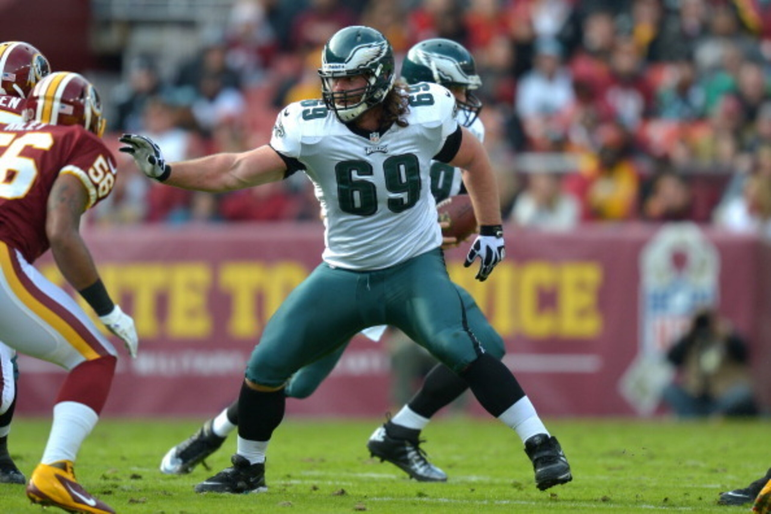 LANDOVER, MD - NOVEMBER 18: Evan Mathis #69 of the Philadelphia Eagles blocks during the game against the Washington Redskins at FedEx Field on November 18, 2012 in Landover, Maryland. The Redskins won 31-6. (Photo by Drew Hallowell/Philadelphia Eagles/Ge