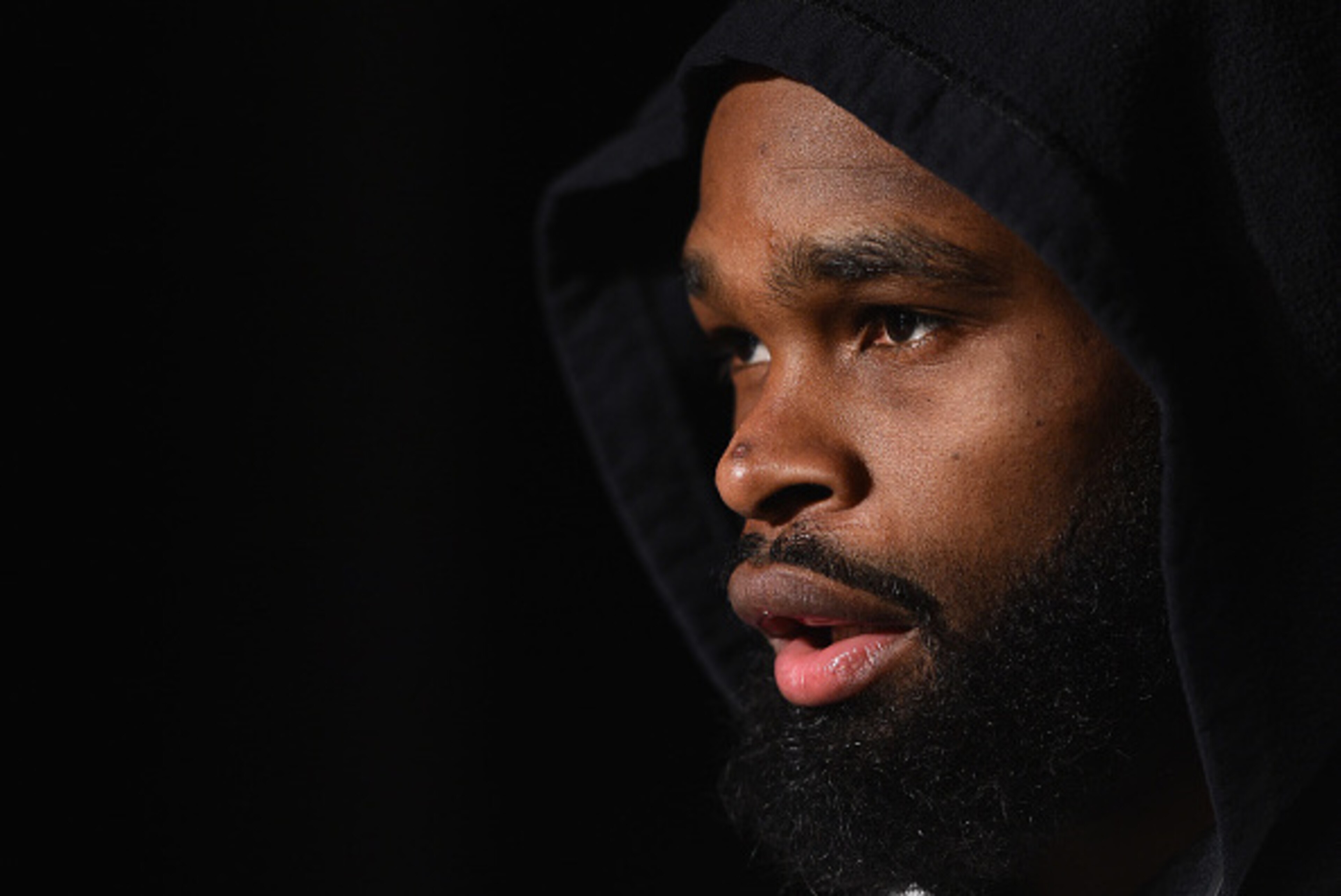 LAS VEGAS, NV - JANUARY 31:  Tyron Woodley enters the Octagon for his welterweight bout against Kelvin Gastelum during the UFC 183 event at the MGM Grand Garden Arena on January 31, 2015 in Las Vegas, Nevada.  (Photo by Jeff Bottari/Zuffa LLC/Zuffa LLC vi