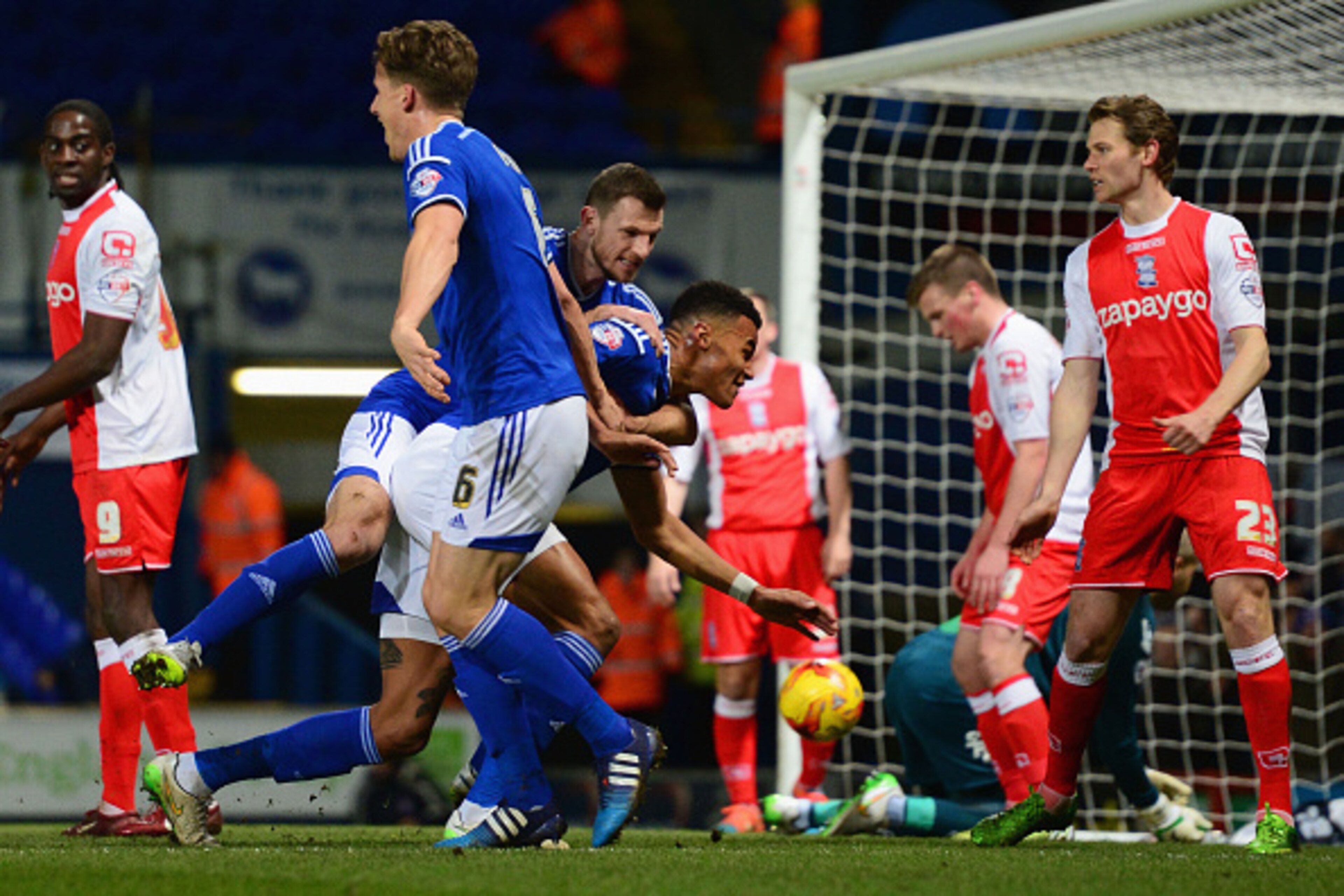 IPSWICH, ENGLAND - FEBRUARY 24: Tyrone Mings of Ipswich Town (3) celebrates with Tommy Smith (5) as he scores their first goal during the Sky Bet Championship match between Ipswich Town and Birmingham City at Portman Road on February 24, 2015 in Ipswich, IPSWICH, ENGLAND - FEBRUARY 24: Tyrone Mings of Ipswich Town (3) celebrates with Tommy Smith (5) as he scores their first goal during the Sky Bet Championship match between Ipswich Town and Birmingham City at Portman Road on February 24, 2015 in Ipswich,