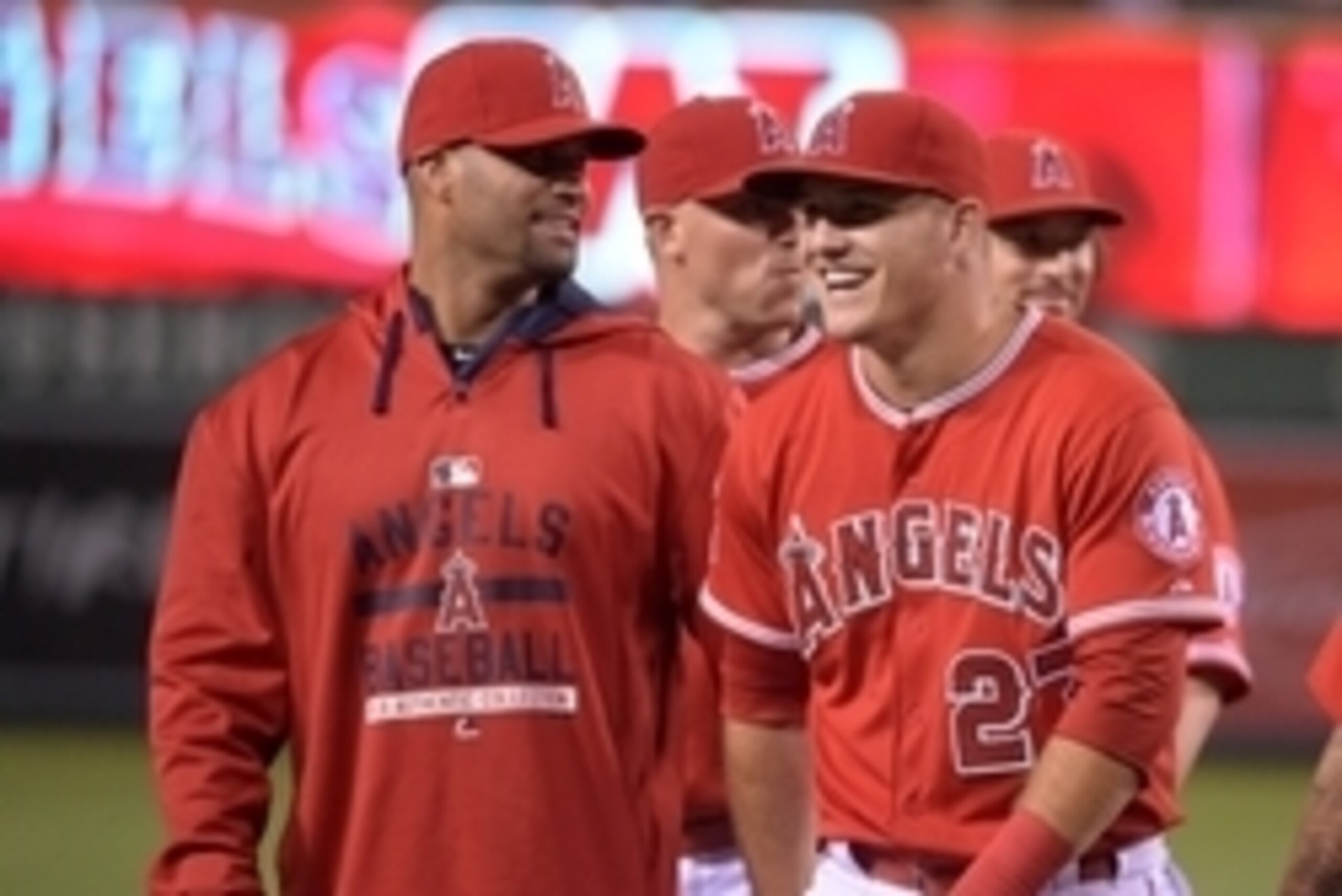 Aug 3, 2015; Anaheim, CA, USA; Los Angeles Angels players Albert Pujols (left) and Mike Trout celebrate after the game against the Cleveland Indians at Angel Stadium of Anaheim. The Angels defeated the Indians 4-3. Mandatory Credit: Kirby Lee-USA TODAY Sp
