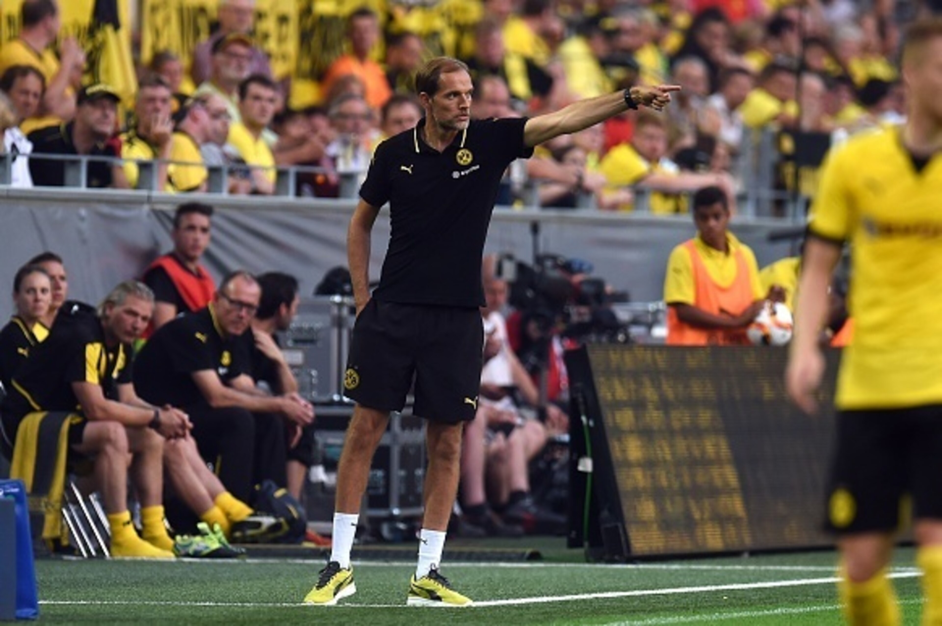 Dortmund's head coach Thomas Tuchel gives instructions during the UEFA Europa League third qualifying round second leg football match between  Borussia Dortmund and Wolfsberger AC on August 6, 2015 in Dortmund, western Germany. AFP PHOTO / PATRIK STOLLARZ