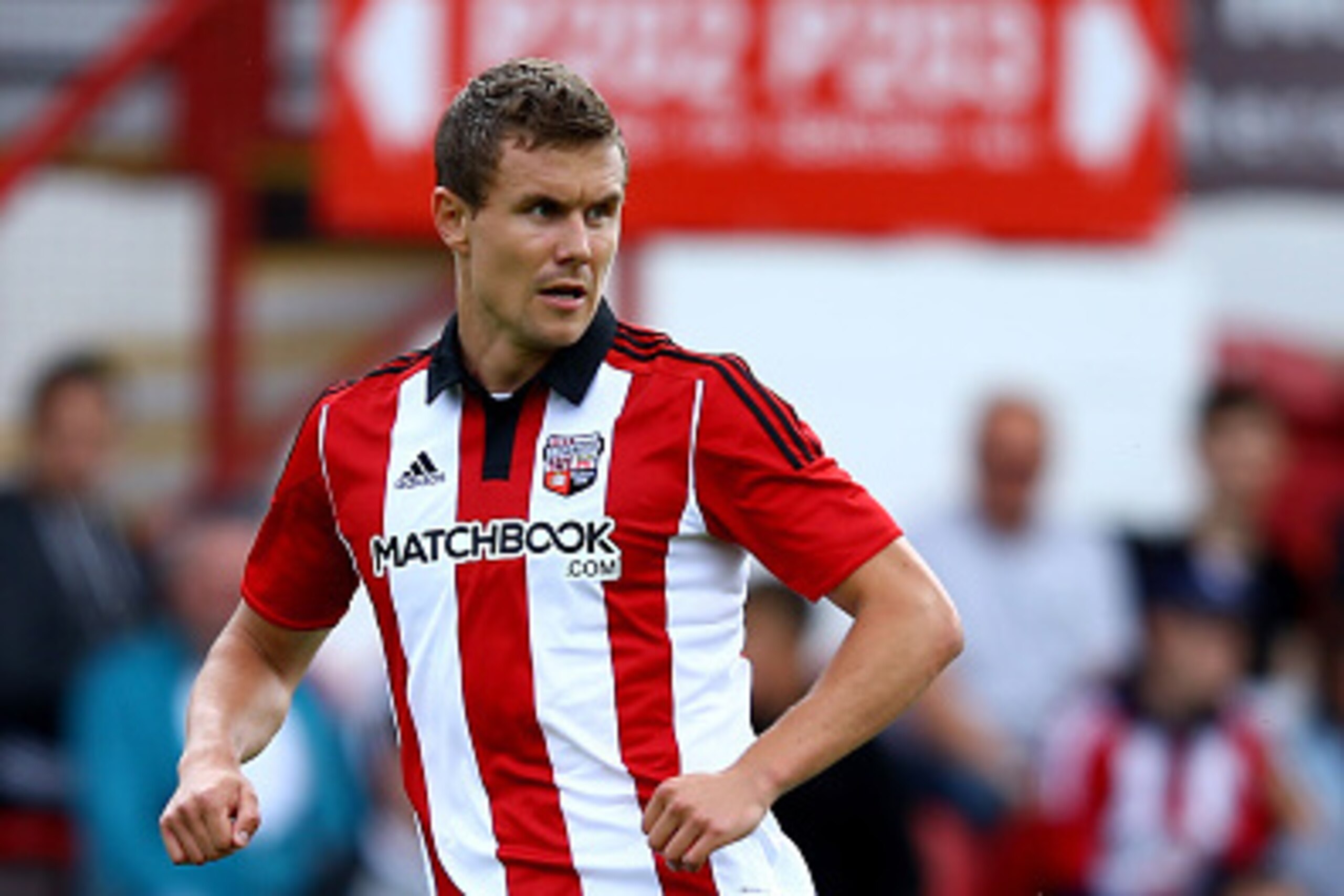 BRENTFORD, ENGLAND - JULY 25:  Andreas Bjelland of Brentford in action during the Pre Season Friendly match between Brentford and Stoke City at Griffin Park on July 25, 2015 in Brentford, England.  (Photo by Richard Heathcote/Getty Images)