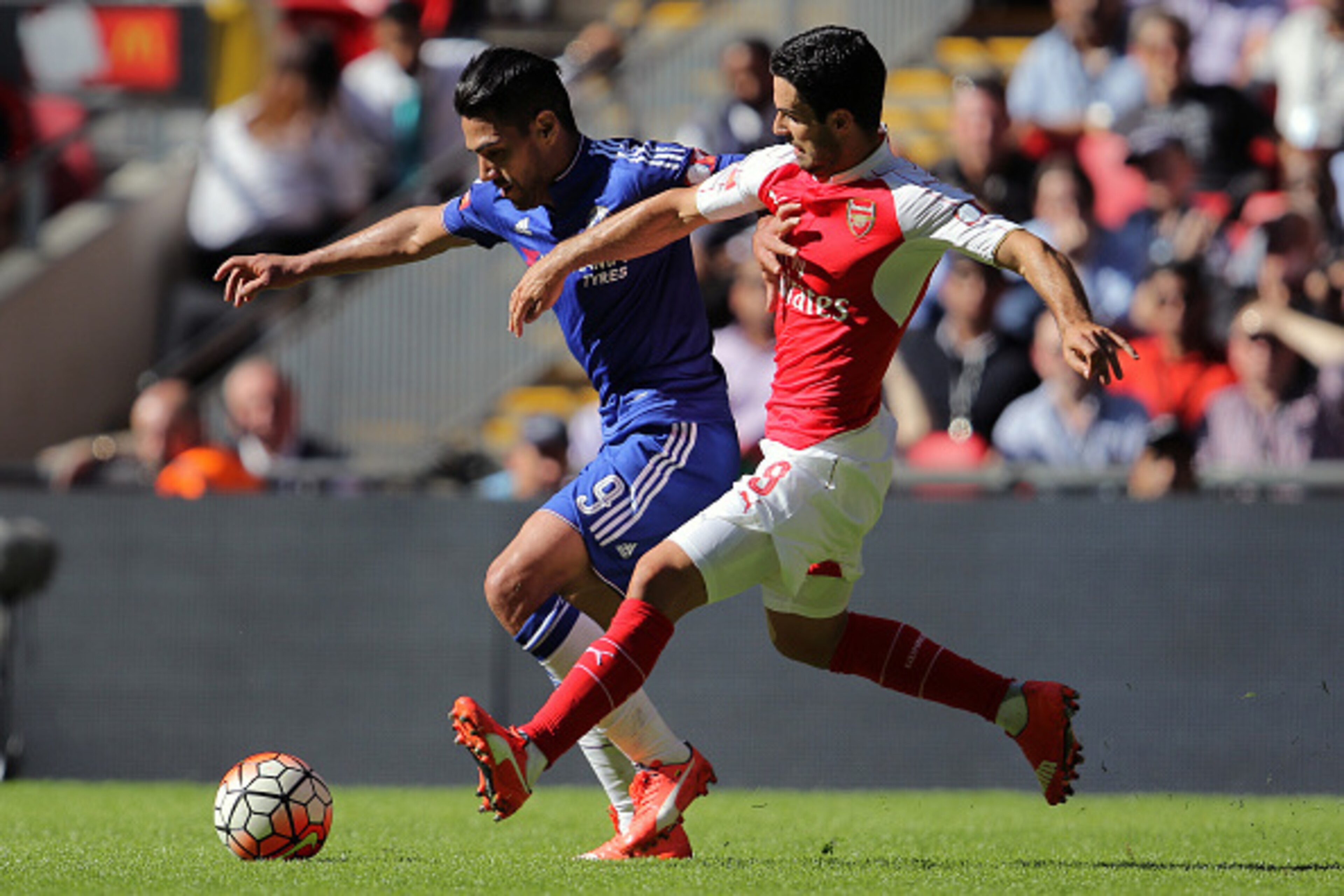 LONDON, ENGLAND -  AUGUST 2:  Radamel Falcao of Chelsea and Mikel Arteta of Arsenal during the FA Community Shield match between Chelsea and Arsenal at Wembley Stadium on August 2, 2015 in London, England.  (Photo by James Bayliss - AMA/Getty Images)