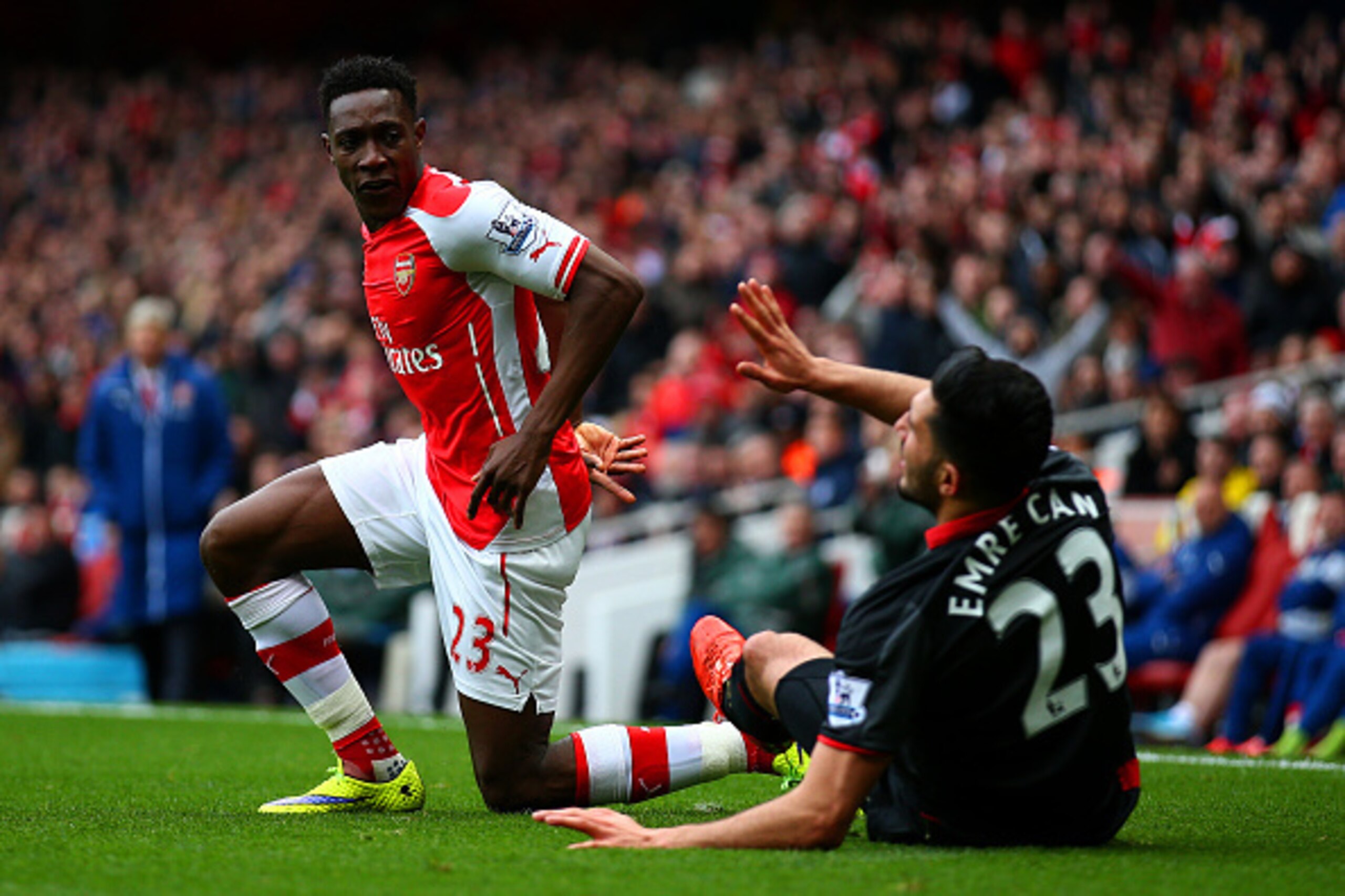 LONDON, ENGLAND - APRIL 04:  Emre Can of Liverpool appeals after fouling Danny Welbeck of Arsenal  during the Barclays Premier League match between Arsenal and Liverpool at Emirates Stadium on April 4, 2015 in London, England.  (Photo by Paul Gilham/Getty