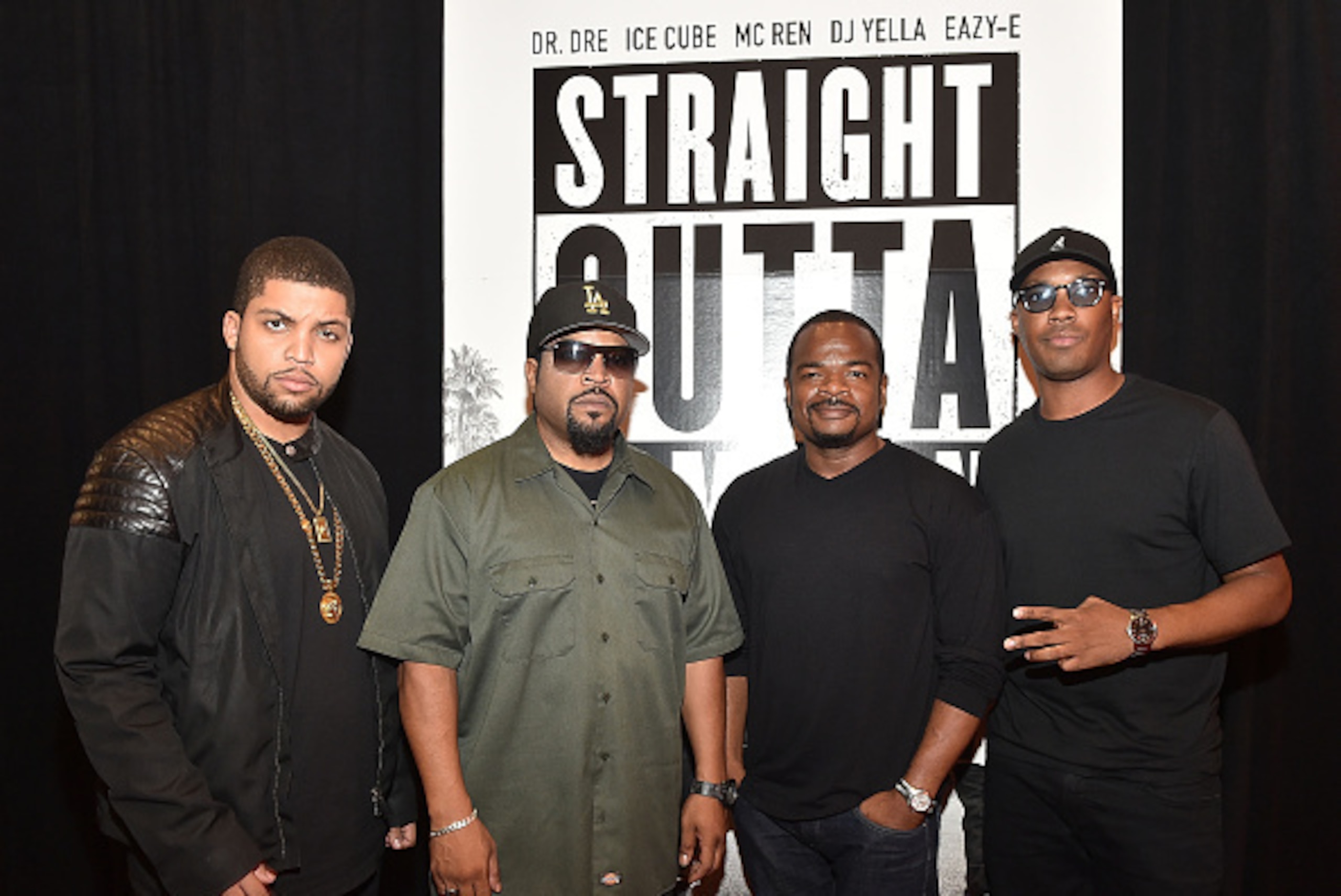 ATLANTA, GA - JULY 24:  (L-R) O'Shea Jackson Jr., Ice Cube, F. Gary Gray, and Corey Hawkins attend 'Straight Outta Compton' VIP Screening With Director/ Producer F. Gary Gray, Producer Ice Cube, Executive Producer Will Packer, And Cast Members at Regal At