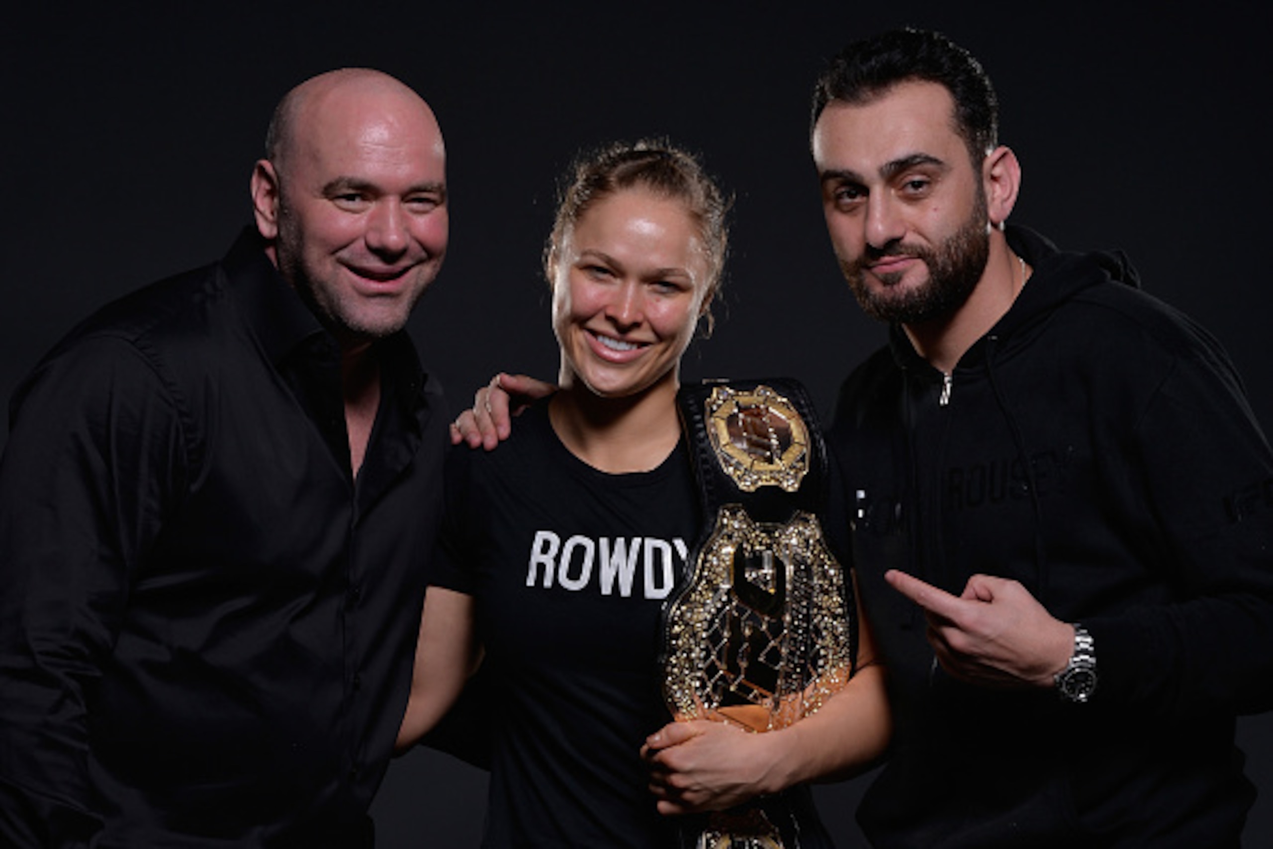 LOS ANGELES, CA - FEBRUARY 28:  (L-R)  UFC President Dana White, Ronda Rousey, and Edmond Taverdyan pose for a post fight portrait during the UFC 184 event at Staples Center on February 28, 2015 in Los Angeles, California.  (Photo by Mike Roach/Zuffa LLC/