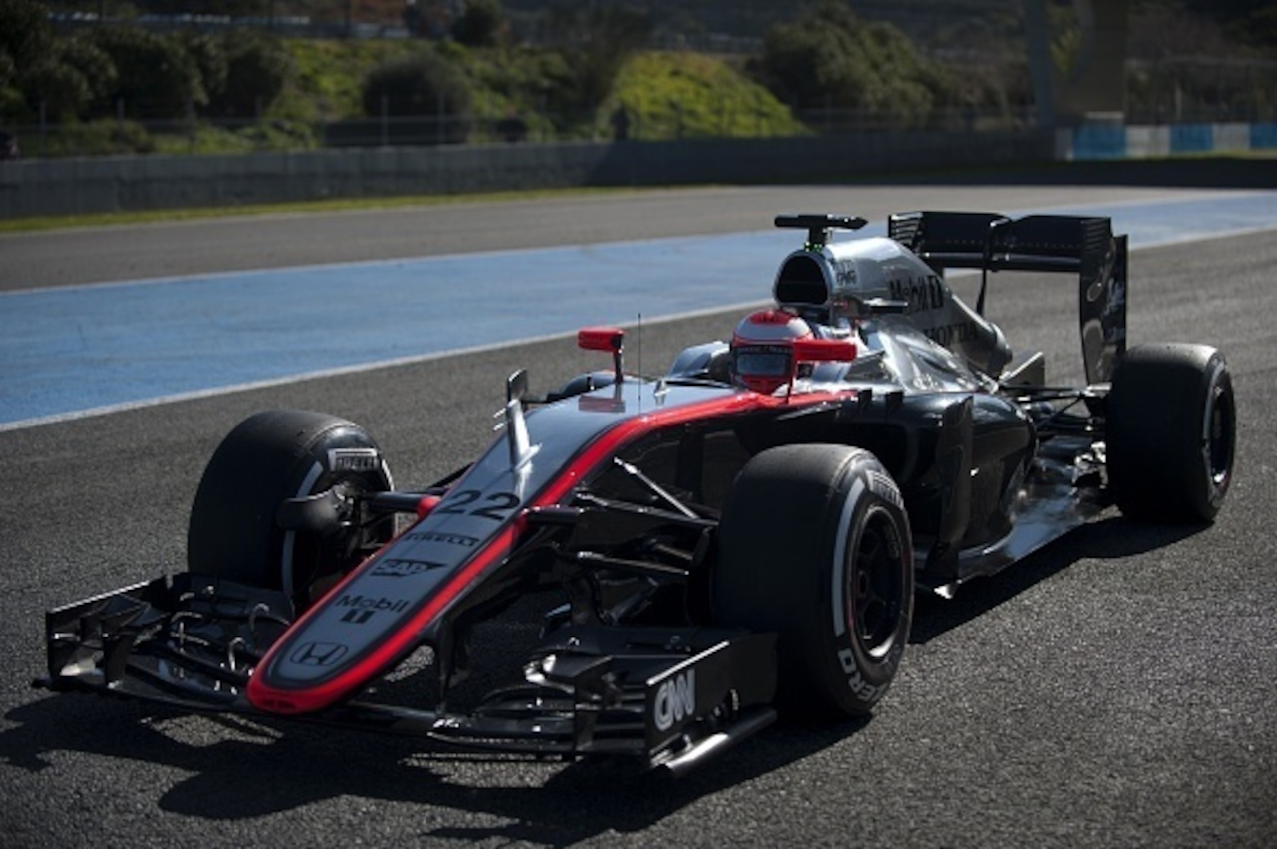 McLaren Honda's British driver Jenson Button drives on the fourth day of the Formula One pre-season tests at Jerez racetrack in Jerez on February 4, 2015.   AFP PHOTO/ JORGE GUERRERO        (Photo credit should read Jorge Guerrero/AFP/Getty Images)