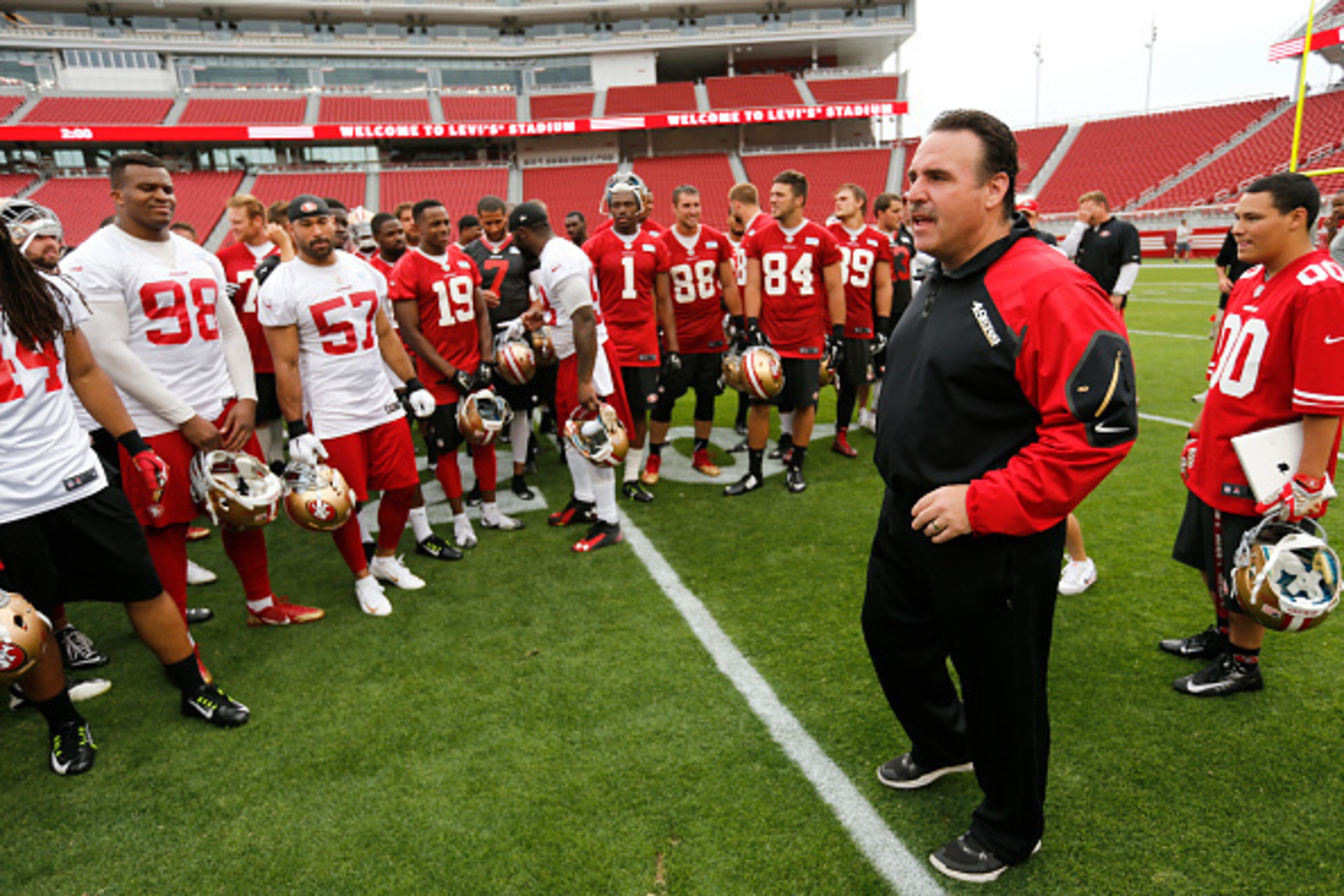 SANTA CLARA, CA - JUNE 9: Head Coach Jim Tomsula of the San Francisco 49ersaddresses the team at the of the teams Mini Camp at Levi Stadium on June 9, 2015 in Santa Clara, California. (Photo by Michael Zagaris/San Francisco 49ers/Getty Images) SANTA CLARA, CA - JUNE 9: Head Coach Jim Tomsula of the San Francisco 49ersaddresses the team at the of the teams Mini Camp at Levi Stadium on June 9, 2015 in Santa Clara, California. (Photo by Michael Zagaris/San Francisco 49ers/Getty Images)