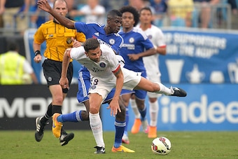 CHARLOTTE, NC - JULY 25:  Ramires #7 of Chelsea defends Thiago Motta #8 of Paris Saint-Germain during their International Champions Cup match at Bank of America Stadium on July 25, 2015 in Charlotte, North Carolina. Chelsea won 2-1 on penalty kicks.  (Pho