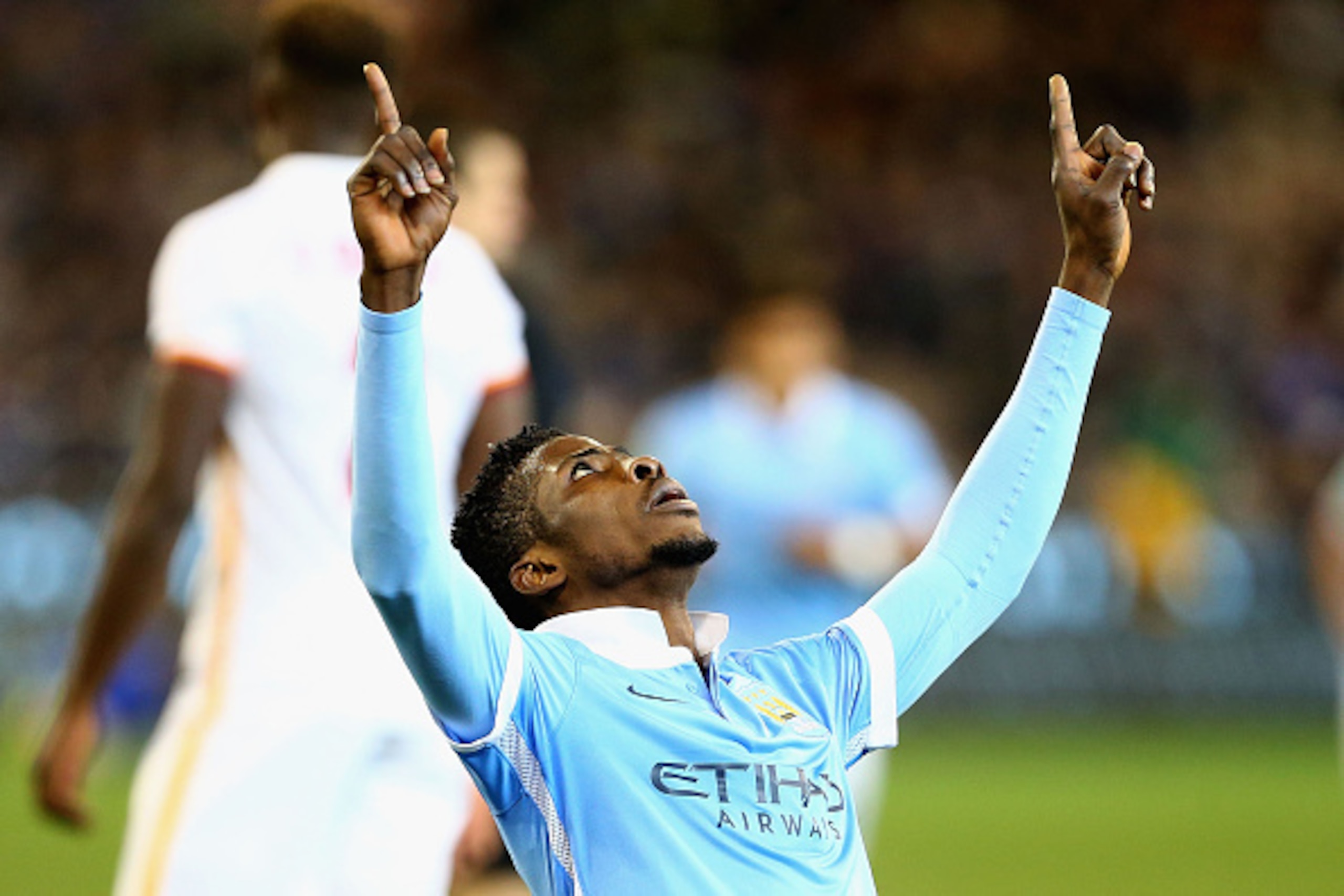 MELBOURNE, AUSTRALIA - JULY 21:  Kelechi Iheanacho of Manchester City celebrates after scoring a goal during the International Champions Cup friendly match between Manchester City and AS Roma at the Melbourne Cricket Ground on July 21, 2015 in Melbourne, 