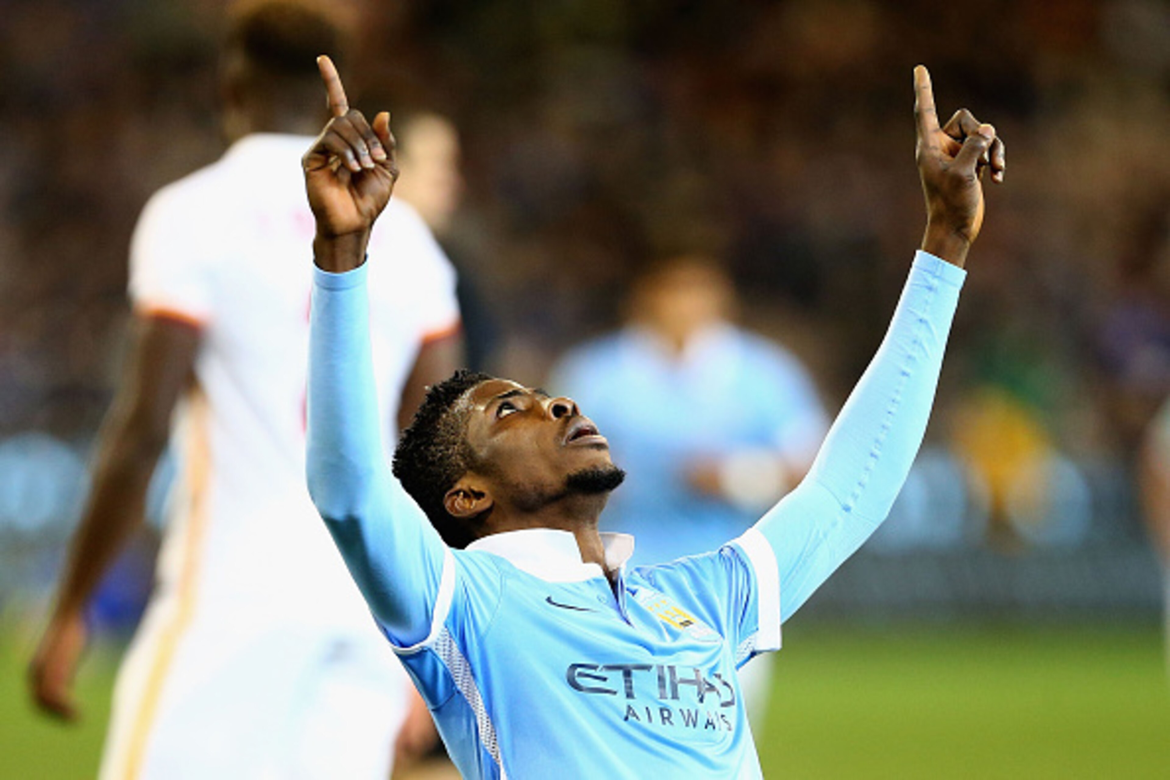 MELBOURNE, AUSTRALIA - JULY 21:  Kelechi Iheanacho of Manchester City celebrates after scoring a goal during the International Champions Cup friendly match between Manchester City and AS Roma at the Melbourne Cricket Ground on July 21, 2015 in Melbourne, 