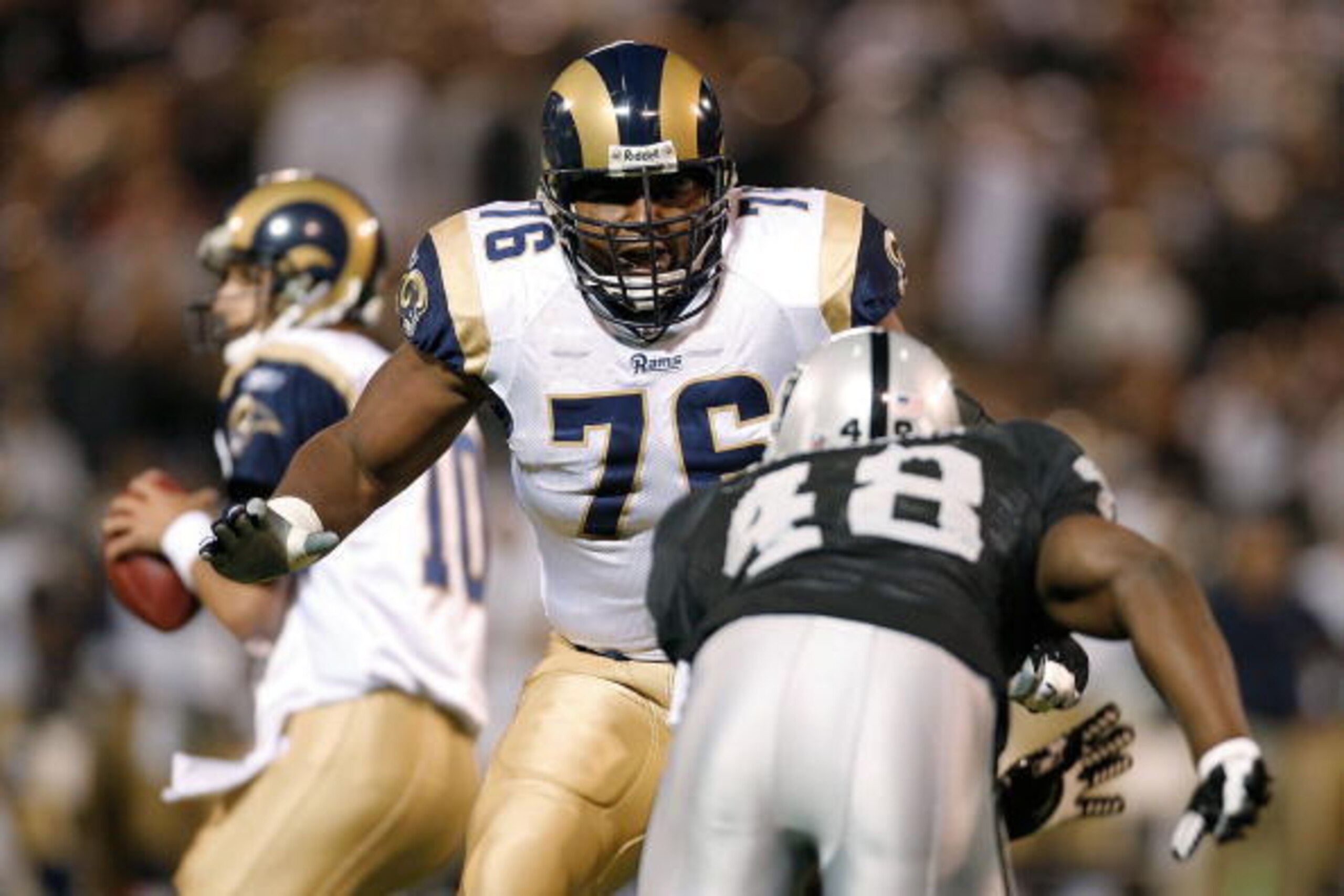 OAKLAND, CA - AUGUST 24:  Offensive lineman Orlando Pace #76 of the St. Louis Rams blocks against the Oakland Raiders during a preseason game on August 24, 2007 at McAfee Coliseum.  (Photo by Greg Trott/Getty Images)