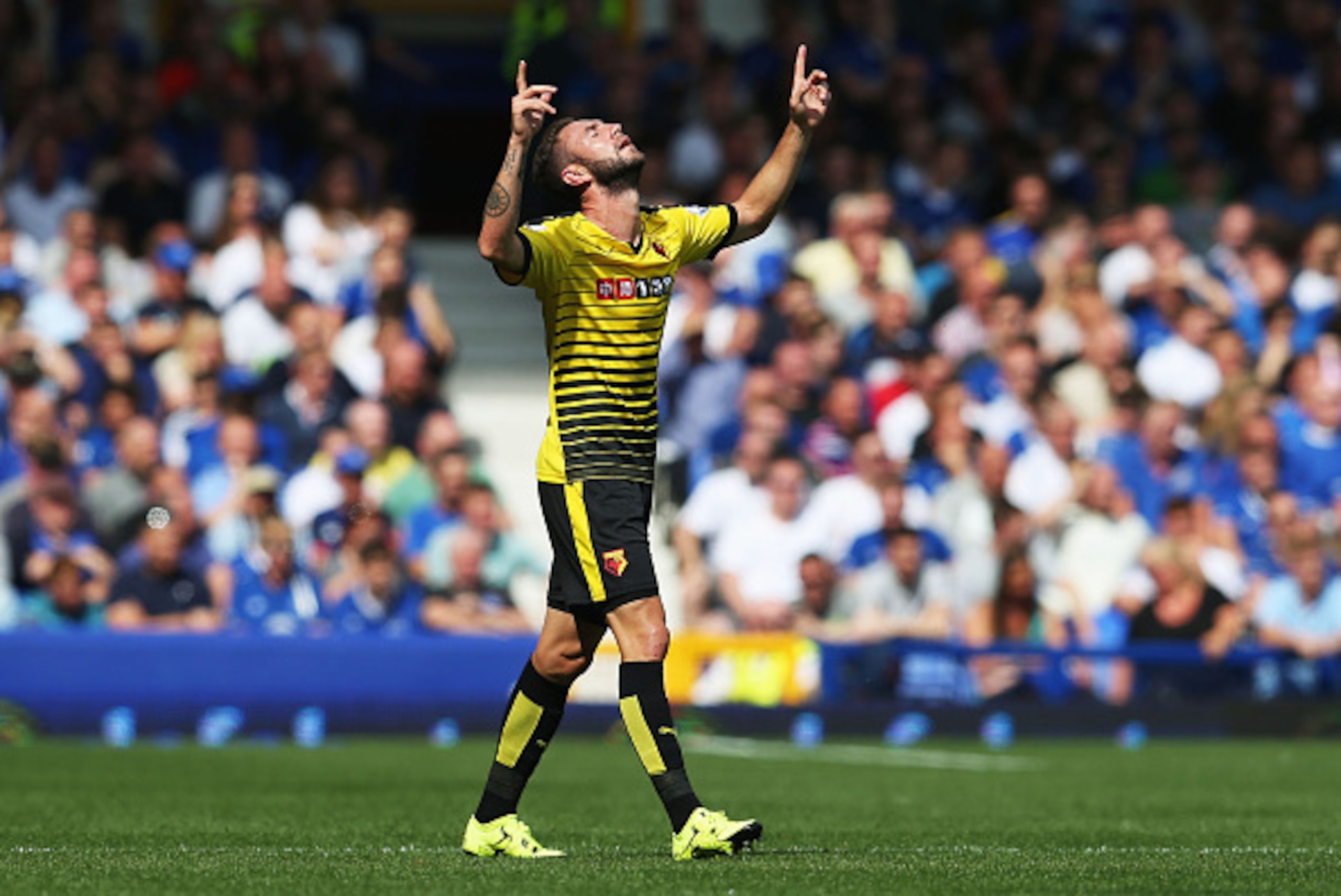 LIVERPOOL, ENGLAND - AUGUST 08:  Miguel Layun of Watford celebrates scoring his team's first goal during the Barclays Premier League match between Everton and Watford at Goodison Park on August 8, 2015 in Liverpool, England.  (Photo by Chris Brunskill/Get